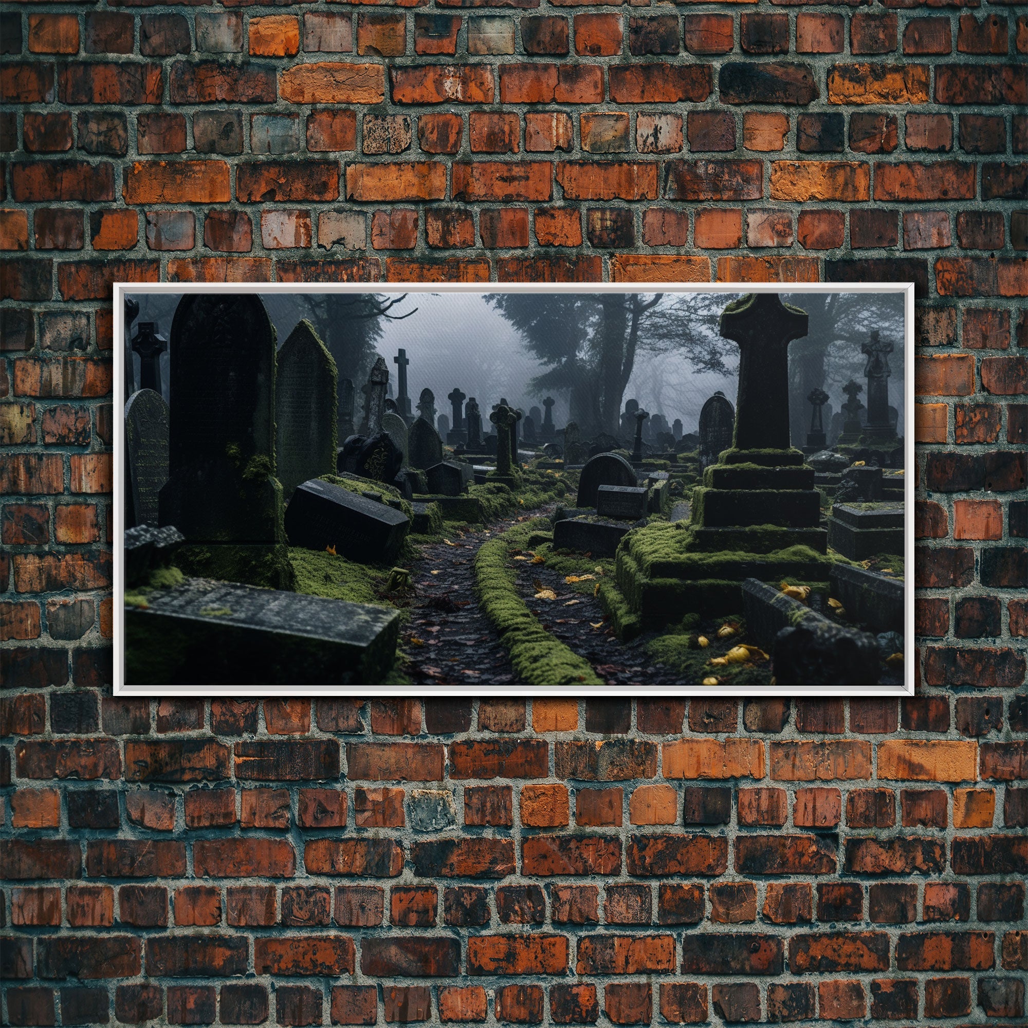 Moss Covered Cemetary, Haunted Graveyard Photography, Halloween Decor, Framed Canvas Print, Halloween Wall Art