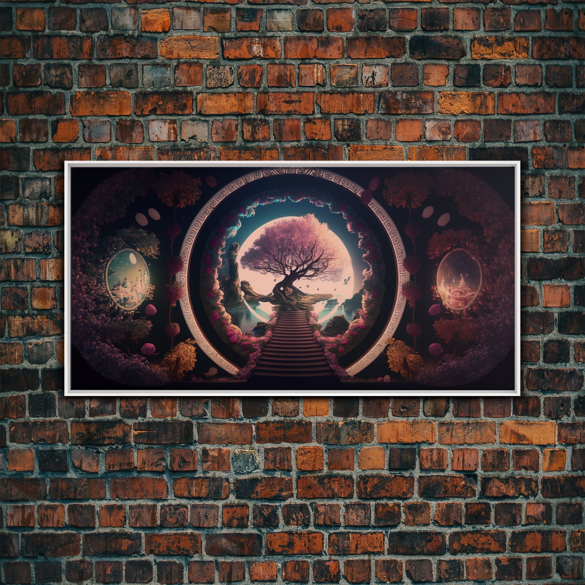 Stairway to a magical forest, fantasy concept art, framed canvas print, colorful wall decor, portal to another world