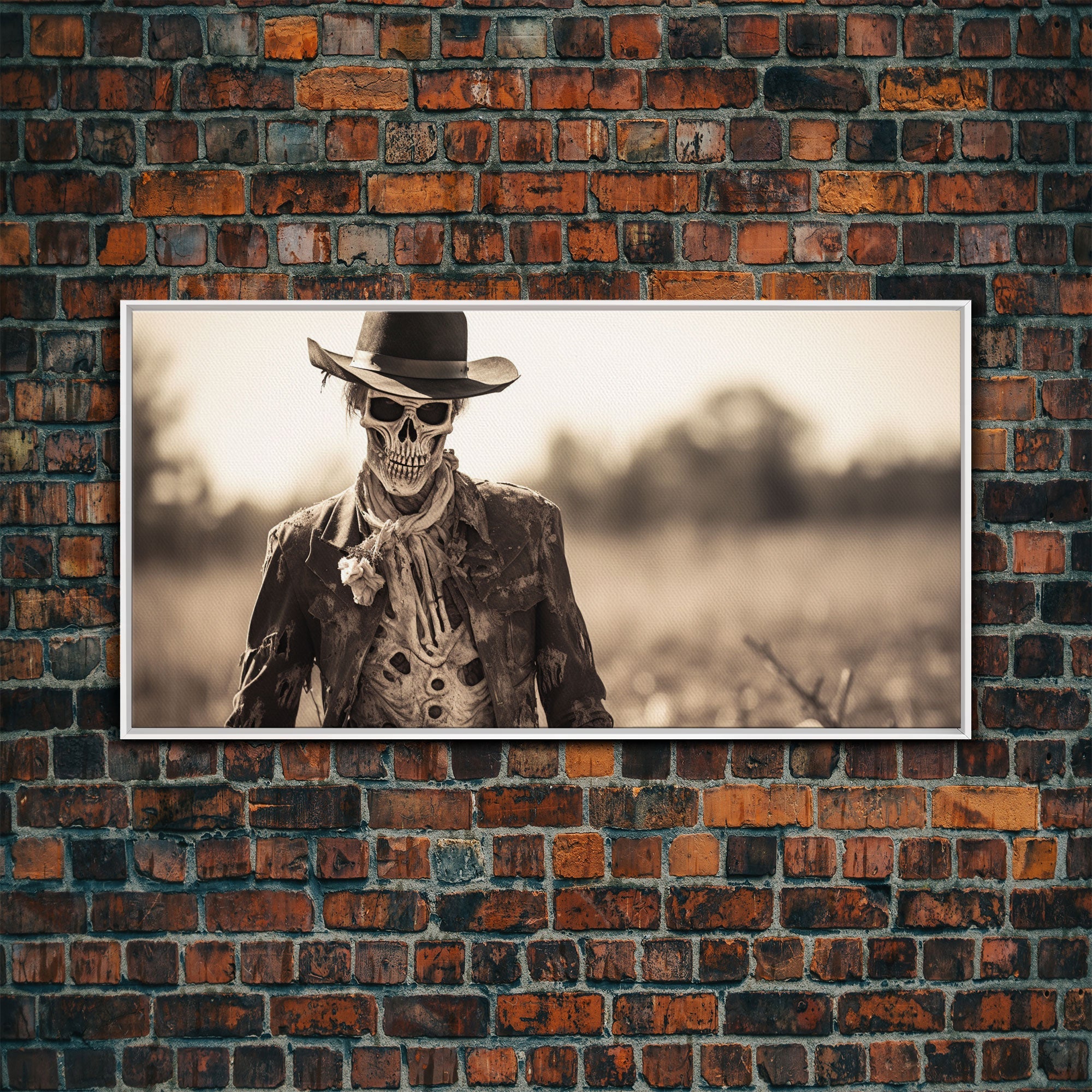 Wild West Zombie Cowboy, Creepy Halloween Decor, Framed Canvas Print, Vintage Tintype Photo Art, Halloween Art Print