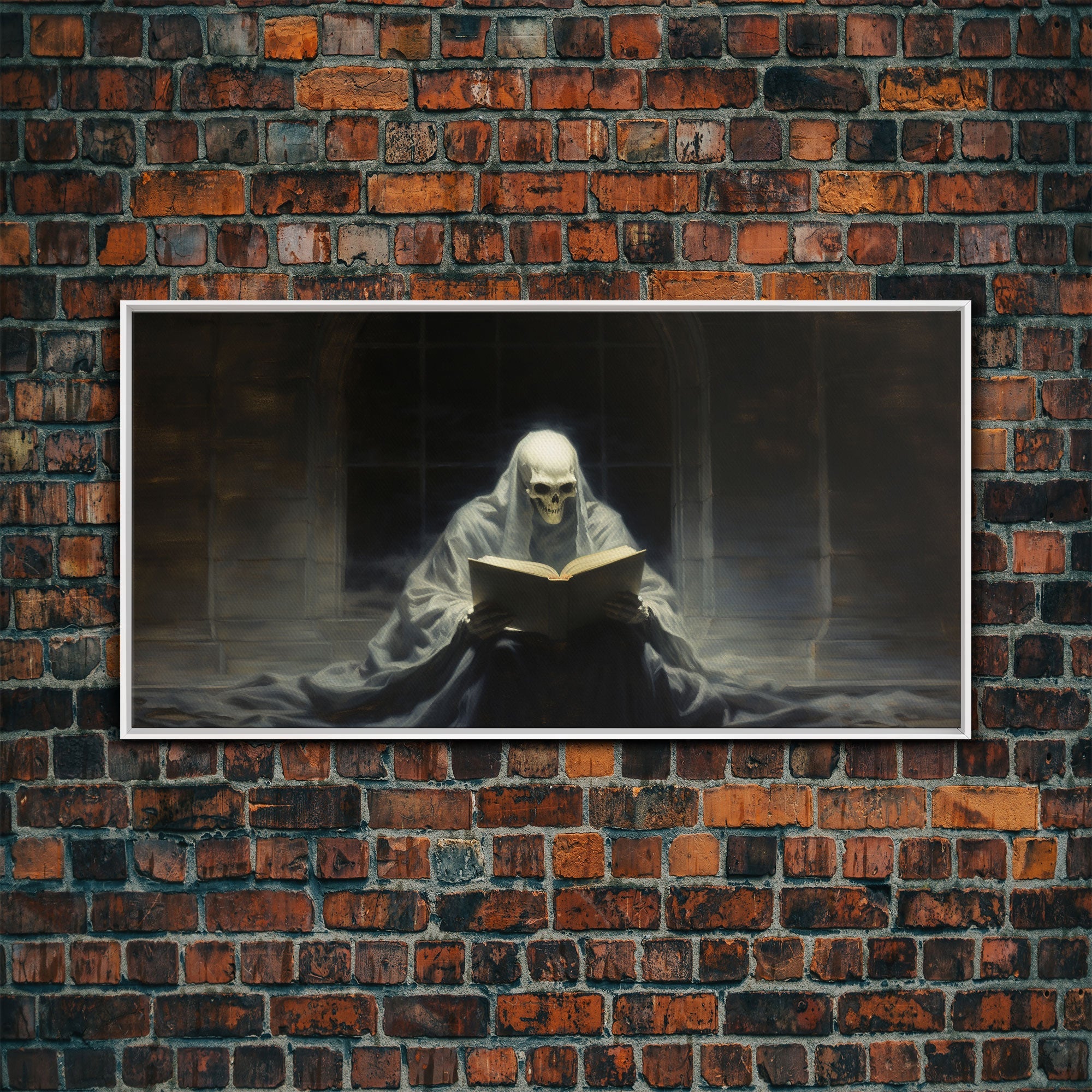 Grim Reaper Reading A Book In A Haunted Library, Framed Canvas Print, Victorian Oil Painting Style, Spooky Halloween Decor, Goth Art