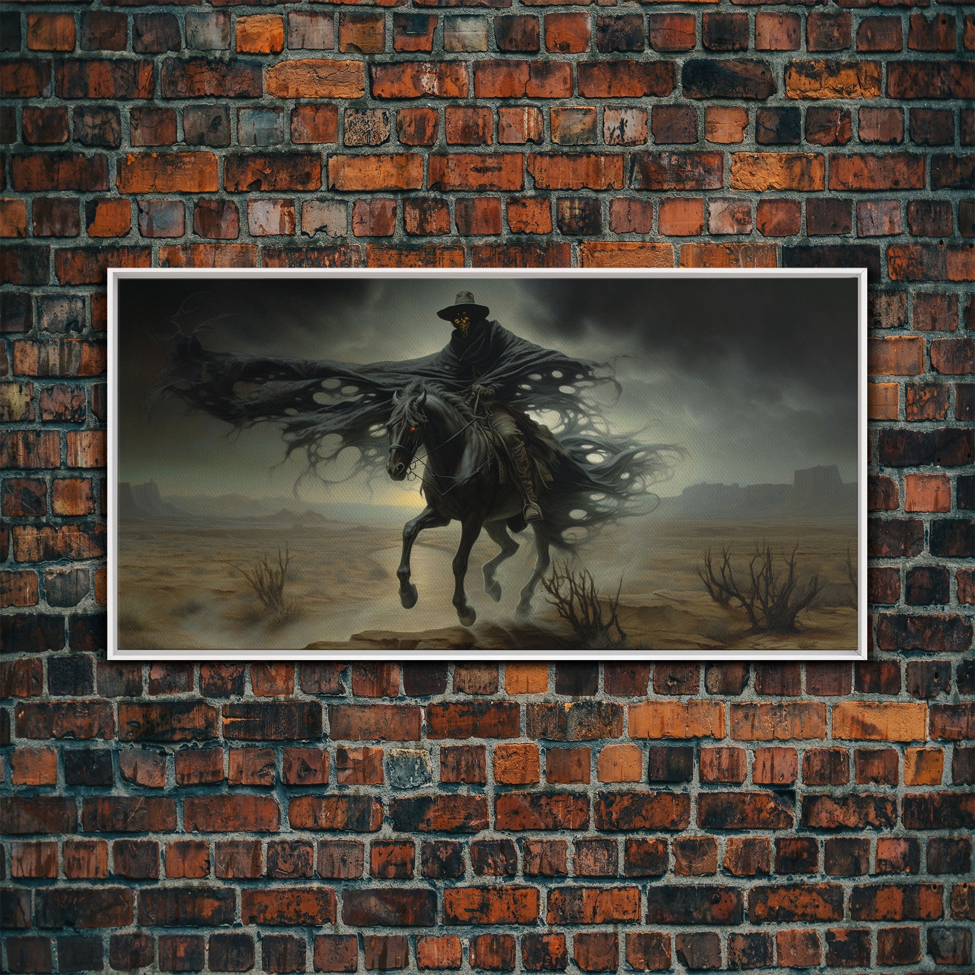 Ghost Cowboy Art, Framed Canvas Print, Halloween art, spooky decor, cowboy art, western decor, grim reaper on a horse in the desert