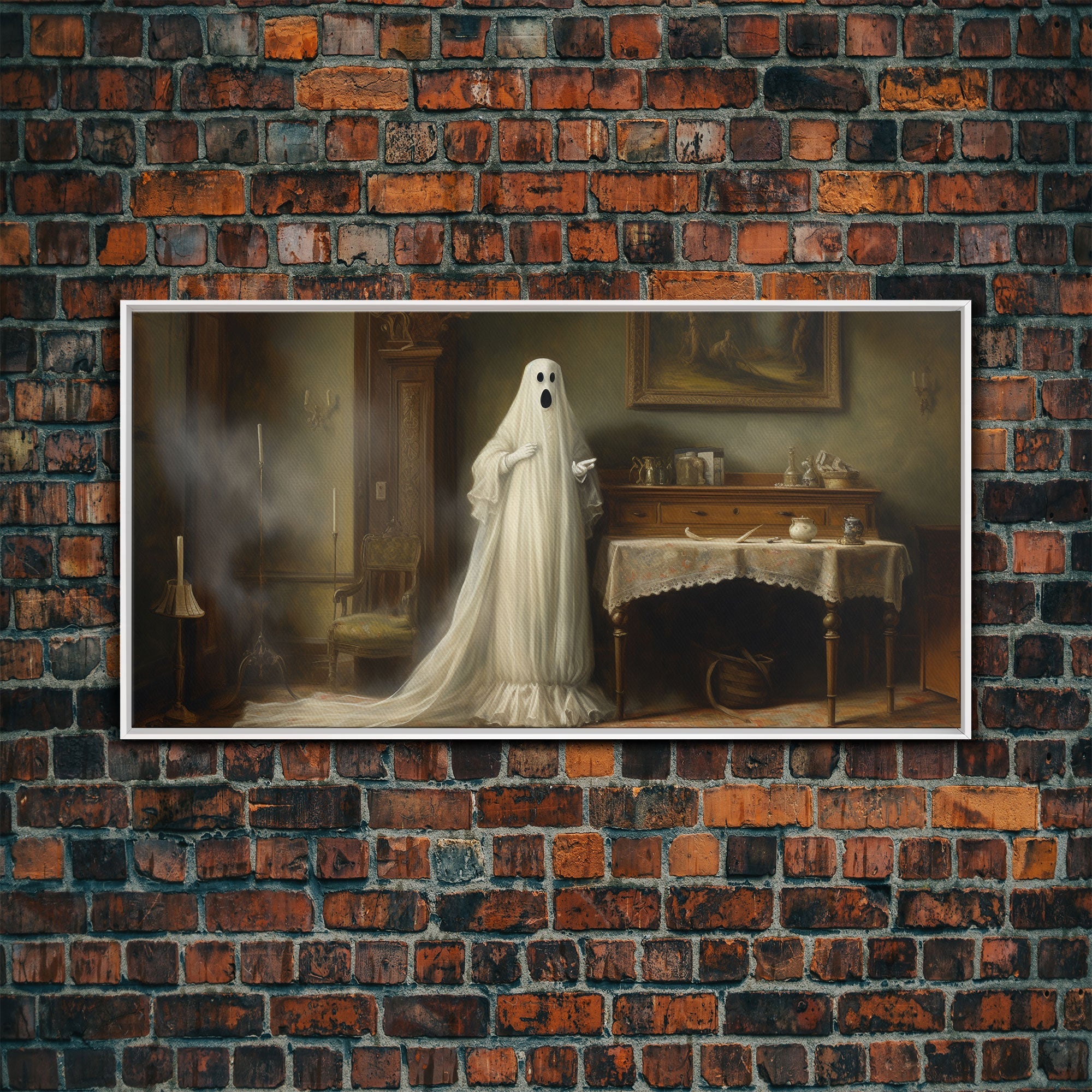 Sheet Ghost Wall Art, Framed Canvas Print, halloween decor, Halloween wall art,  ghost print, dark academia, victorian oil painting