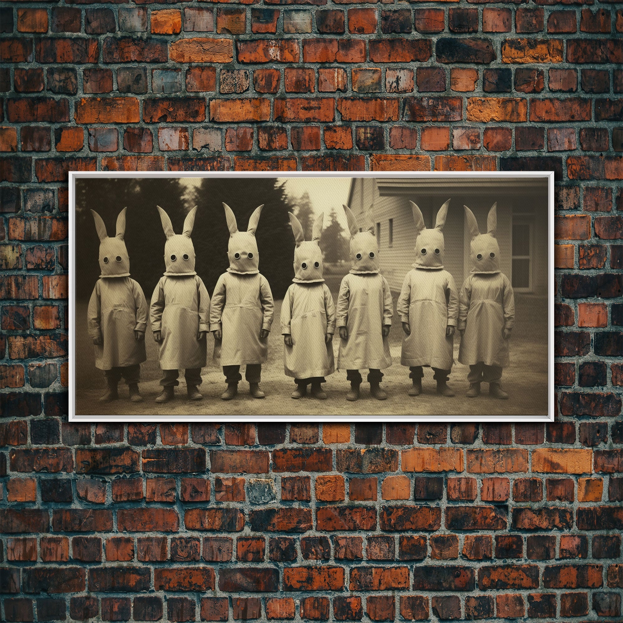 Cult Of The Bunny, Creepy Halloween Trick Or Treaters, Framed Canvas Print, Vintage Tintype Photography Art, Halloween Art Print