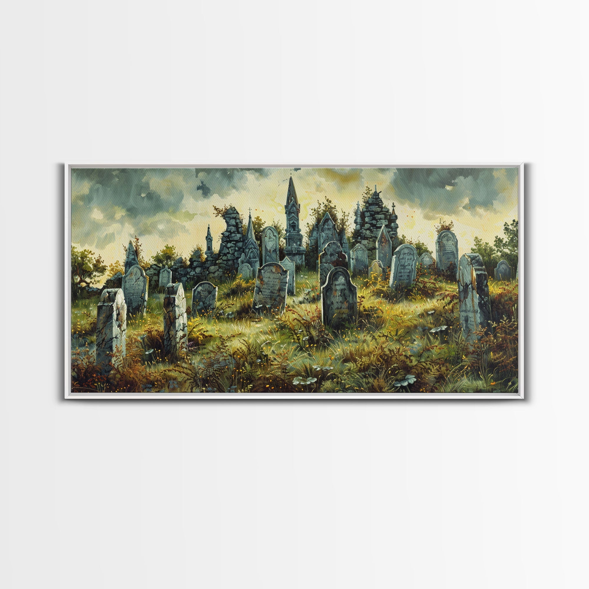 Haunted Cemetery Halloween Prop Framed Canvas Print | Spooky Season | Spooky Wall Art | Halloween Decor | Creepy Art Prints