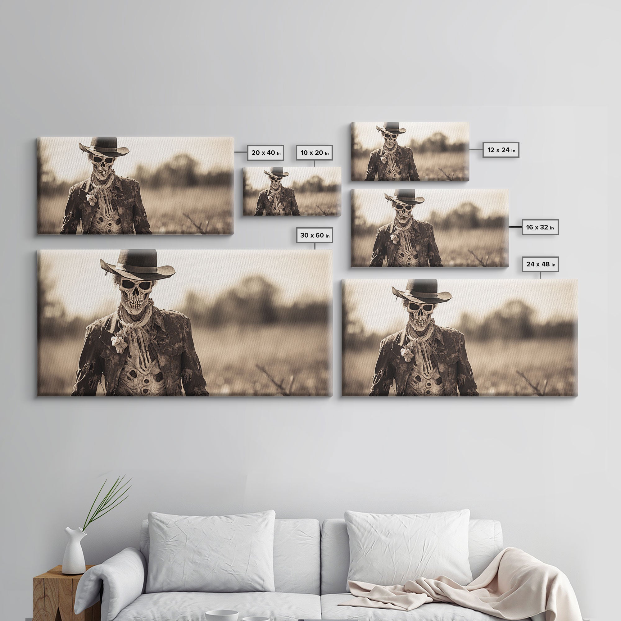 Wild West Zombie Cowboy, Creepy Halloween Decor, Framed Canvas Print, Vintage Tintype Photo Art, Halloween Art Print