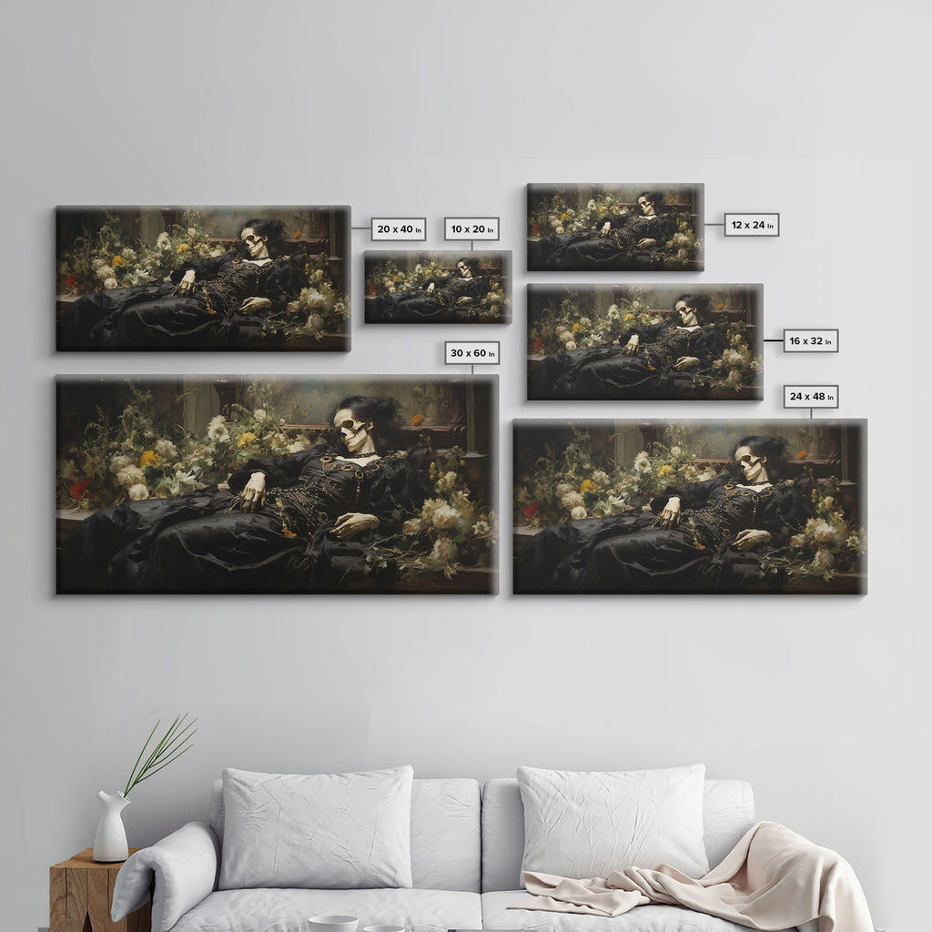 I'll Just Take A Quick Nap, Framed Canvas Print, Creepy Victorian Oil Painting, Halloween Art Prints, Skeleton Painting