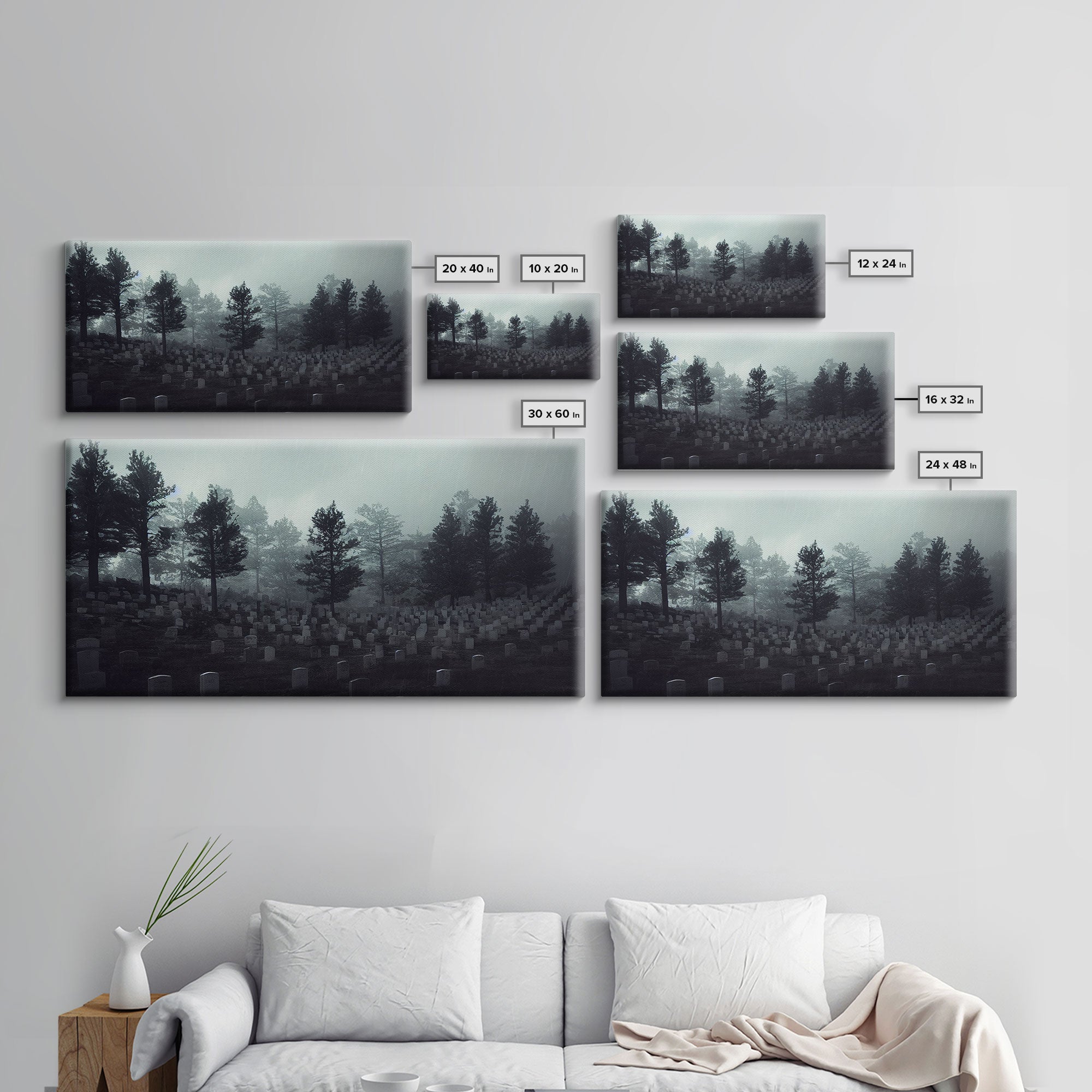 Creepy Haunted Cemetery, Spooky Halloween Art, Graveyard, ready to hang canvas print wall art, Black And White Art, Halloween Decor