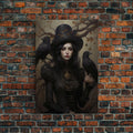 The Witch and Her Ravens, Framed Canvas, Oil Painting Print, Halloween Decor, Gothic Art, Dark Academia, Witchcraft Halloween Art