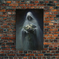 Grim Reaper Holding Flowers, Gothic Halloween Decor, Framed Canvas Print, Scary Horror Art, Goth Decor, Oil Painting, Dark Academia