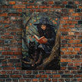 Cute Witch Reading Spells To Her Black Cat Familiar, Vintage Halloween Art, Framed Canvas Print, Halloween Canvas Art, Witchcraft