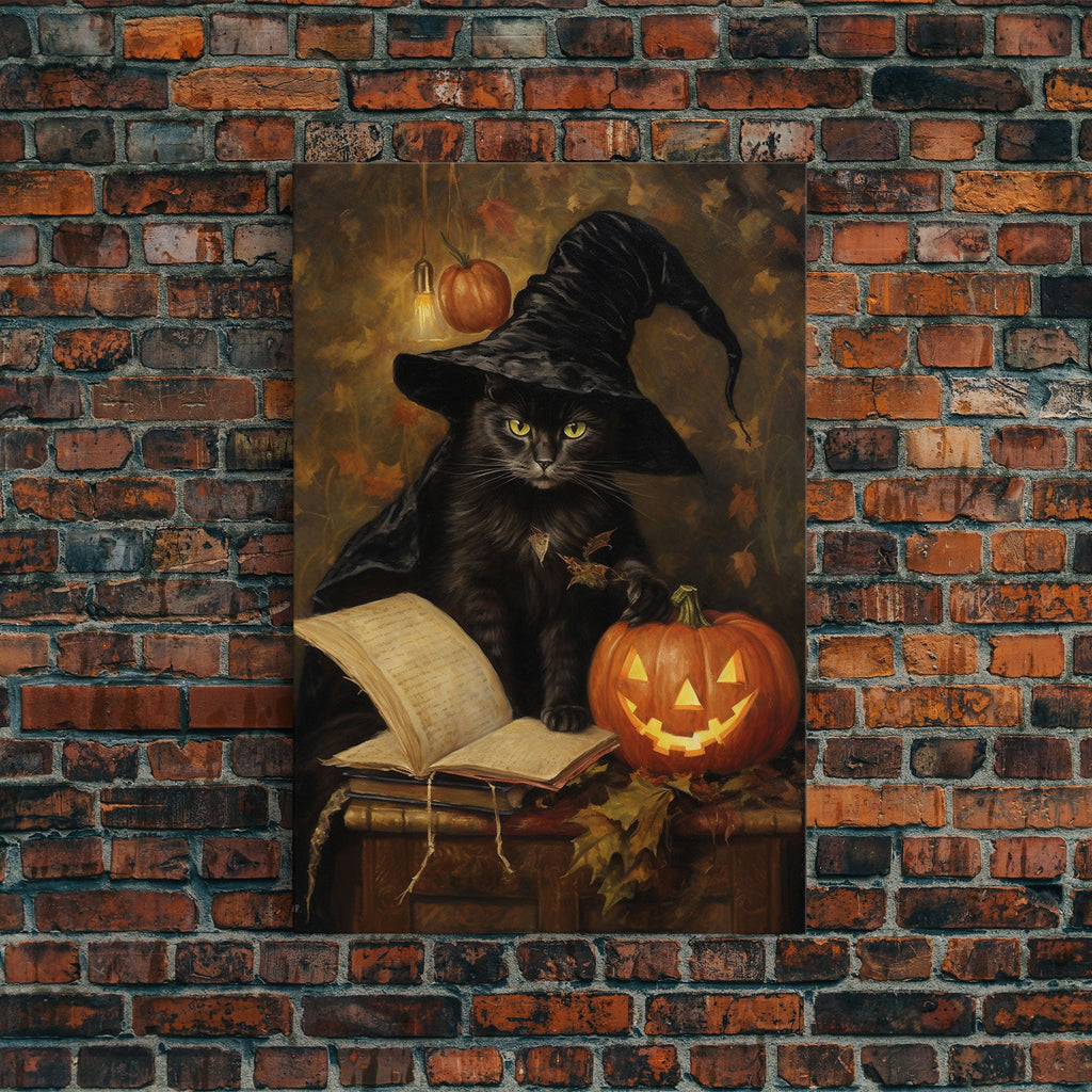 Cute Witch Cat Reading Her Book Of Spells, Vintage Halloween Art, Framed Canvas Print, Halloween Canvas Art, Witchcraft