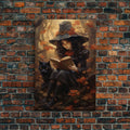 Cute Little Witch Reading Spells To Her Black Cat Familiar, Vintage Halloween Art, Framed Canvas Print, Halloween Canvas Art, Witchcraft