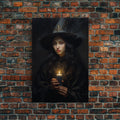 The Witch And The Candle, Gothic Victorian Art, Framed Canvas Print, Halloween Canvas, Halloween Decoration, Dark Academia Gothic Art