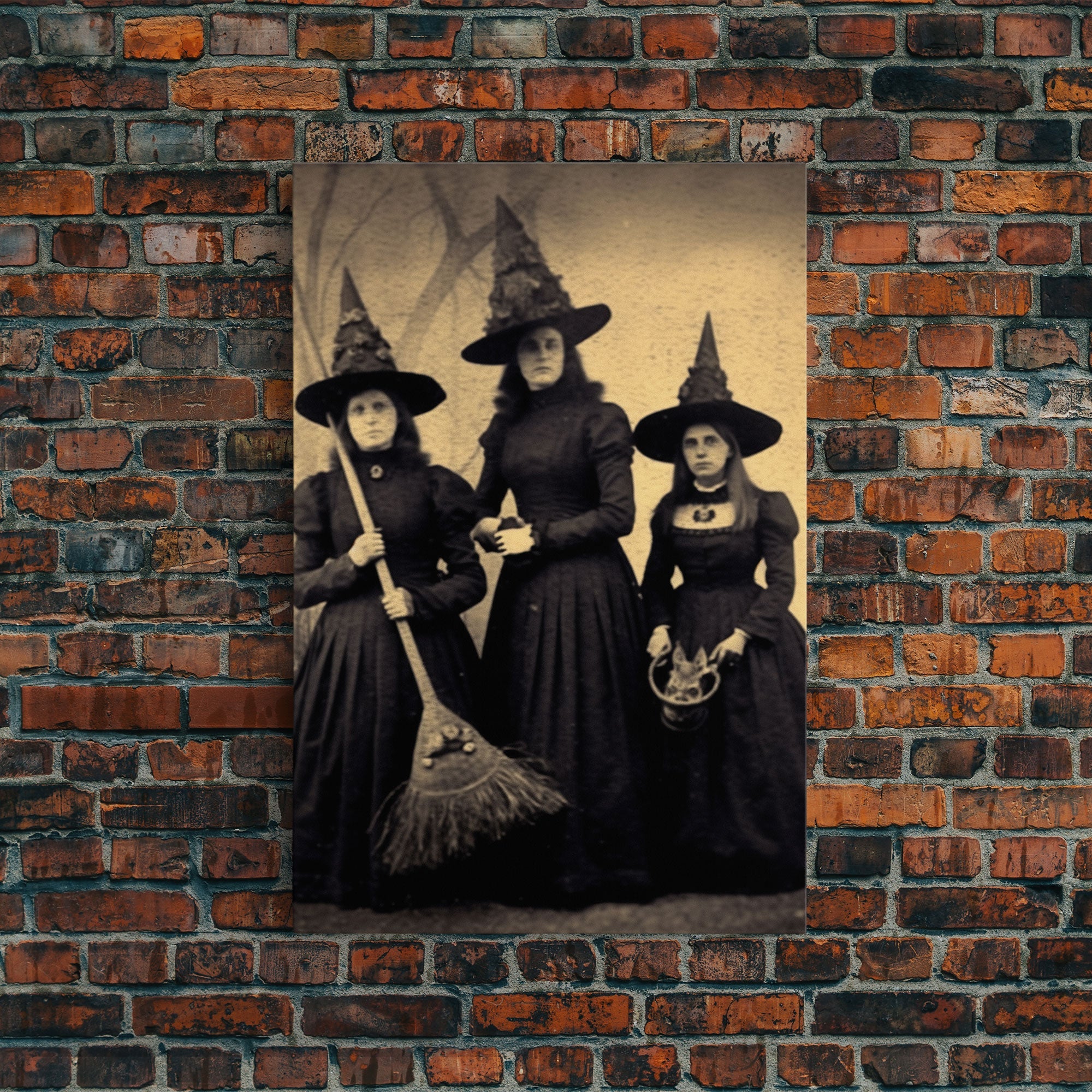 Victorian Witches, Vintage Tintype Style Photograph, Framed Canvas Print, Gothic Wall Art, Dark Academia, Witch Art