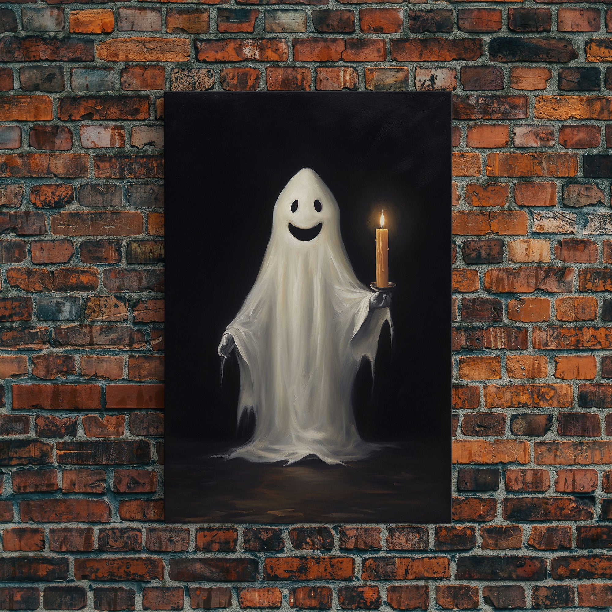 Silly Halloween Ghost Holding a Candle, Vintage Canvas Print, Canvas Art, Dark Academia, Haunting Ghost, Halloween Decor, Halloween Art