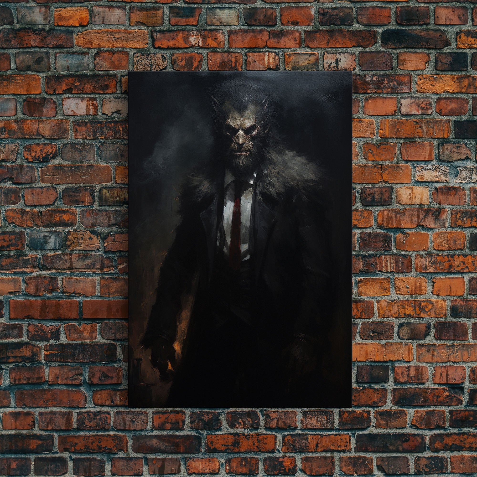 Victorian Business Werewolf Workin' 9 to 5, Framed Canvas, Halloween Canvas Print, Vintage Halloween Funny Gothic Decor