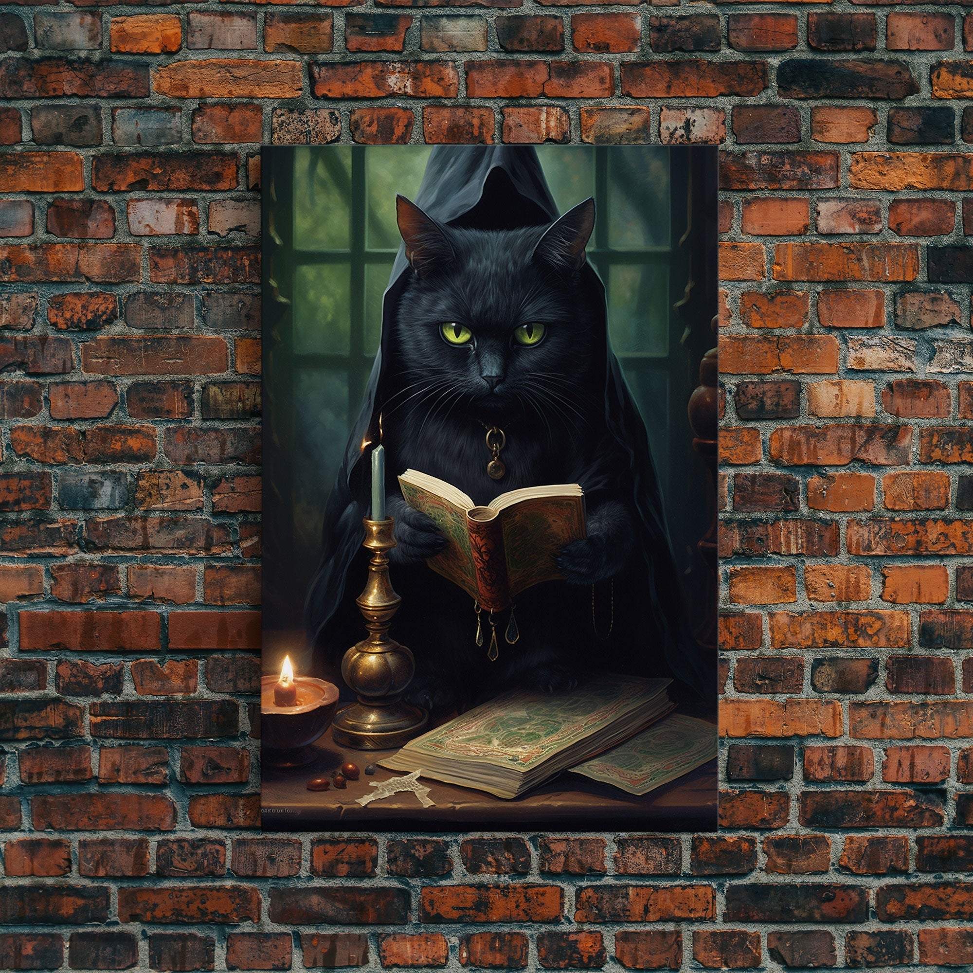 Black Cat Witch's Familiar Casting Spells, Spellbook, Framed Canvas Print, Vintage Halloween Decor, Halloween Wall Art, Witch Wall Art
