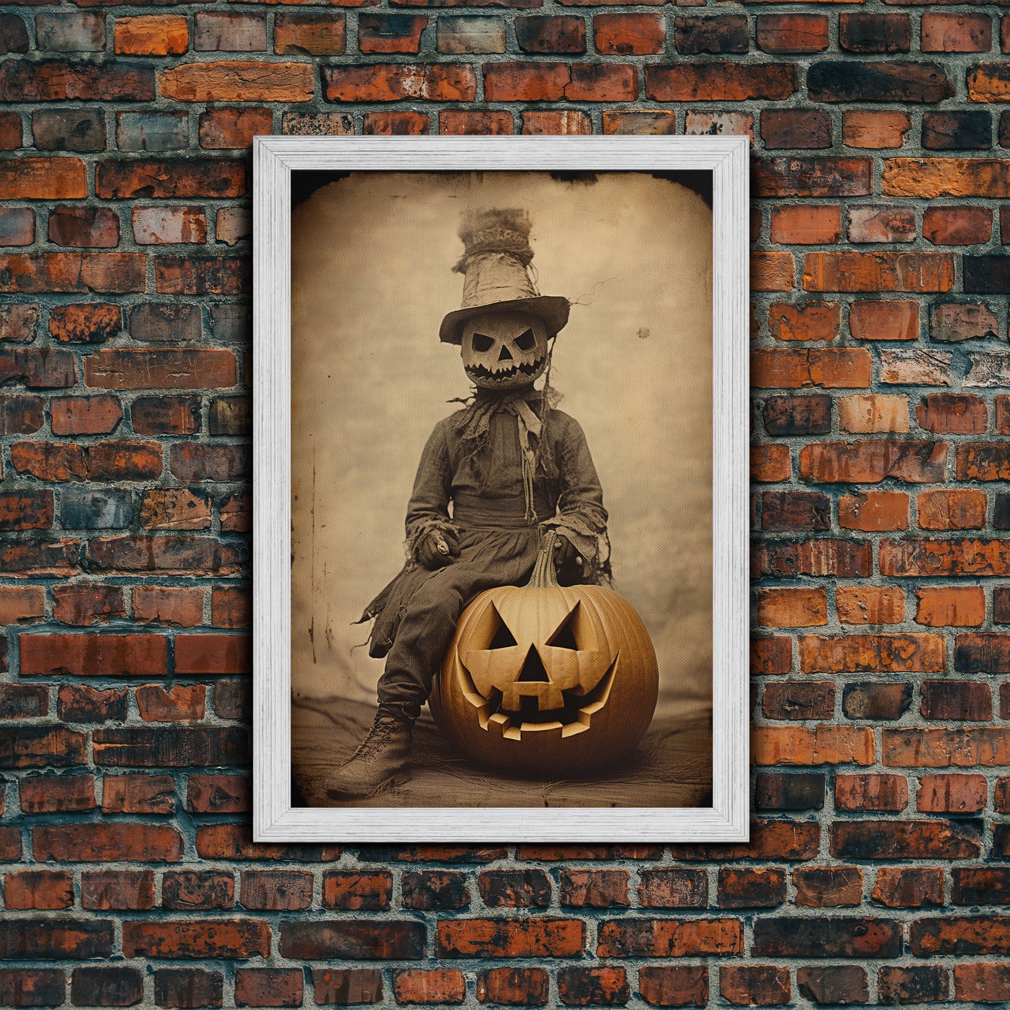 Spooky Halloween Art, The Scarecrow and the Jack O' Lantern, Framed Canvas Print, Halloween Canvas, Spooky Decor, Cottagecore Spooky Art