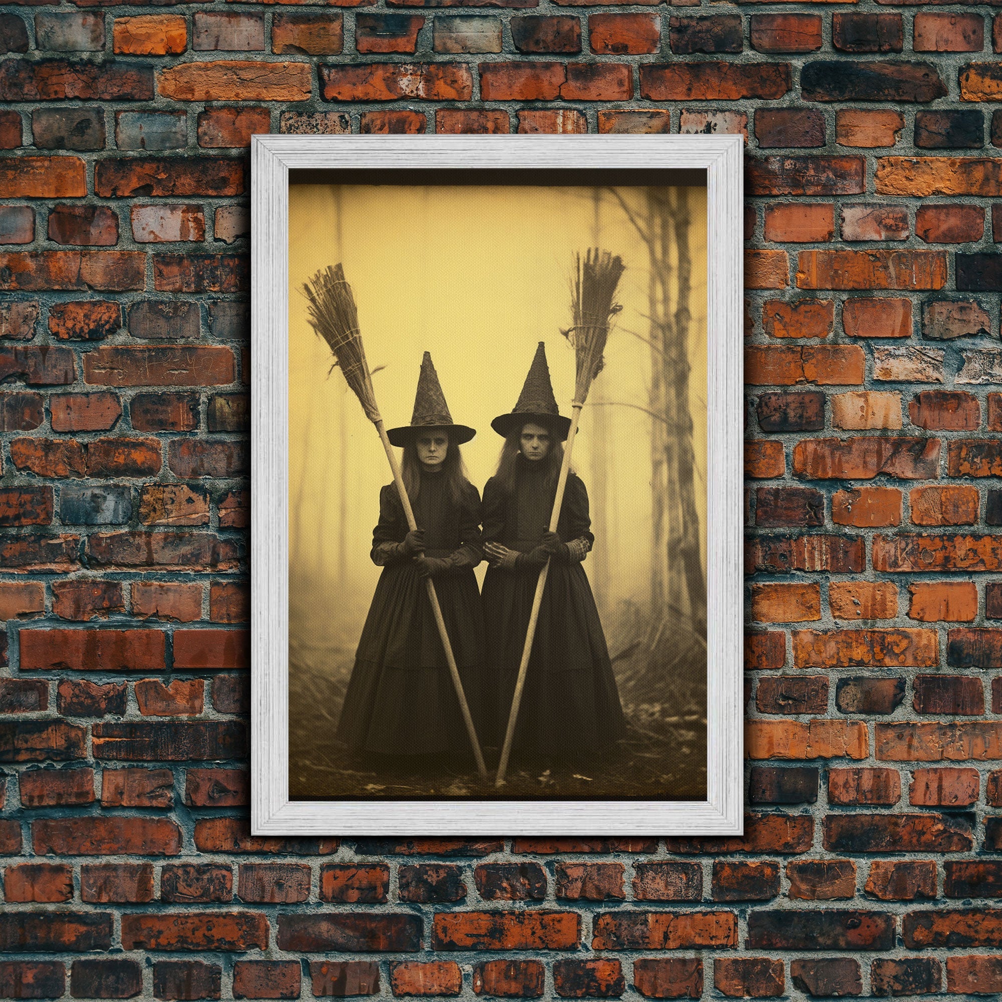 Cursed Art, Victorian Witches Daguerreotype, Framed Canvas Print, Vintage Tin Type Photography Style Wall Art, Cool Halloween Decor
