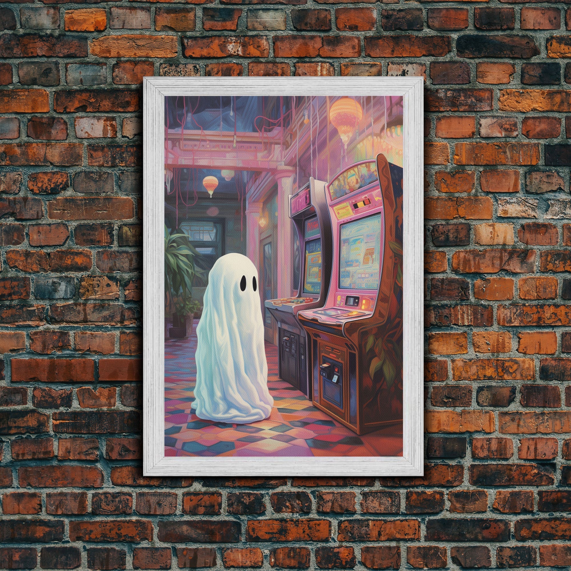 Cute Little Boo, The Phantom Of The Arcade, Vaporwave Style Halloween Decor, Vintage Halloween, Retro Vibes Horror Print, Ghost Art