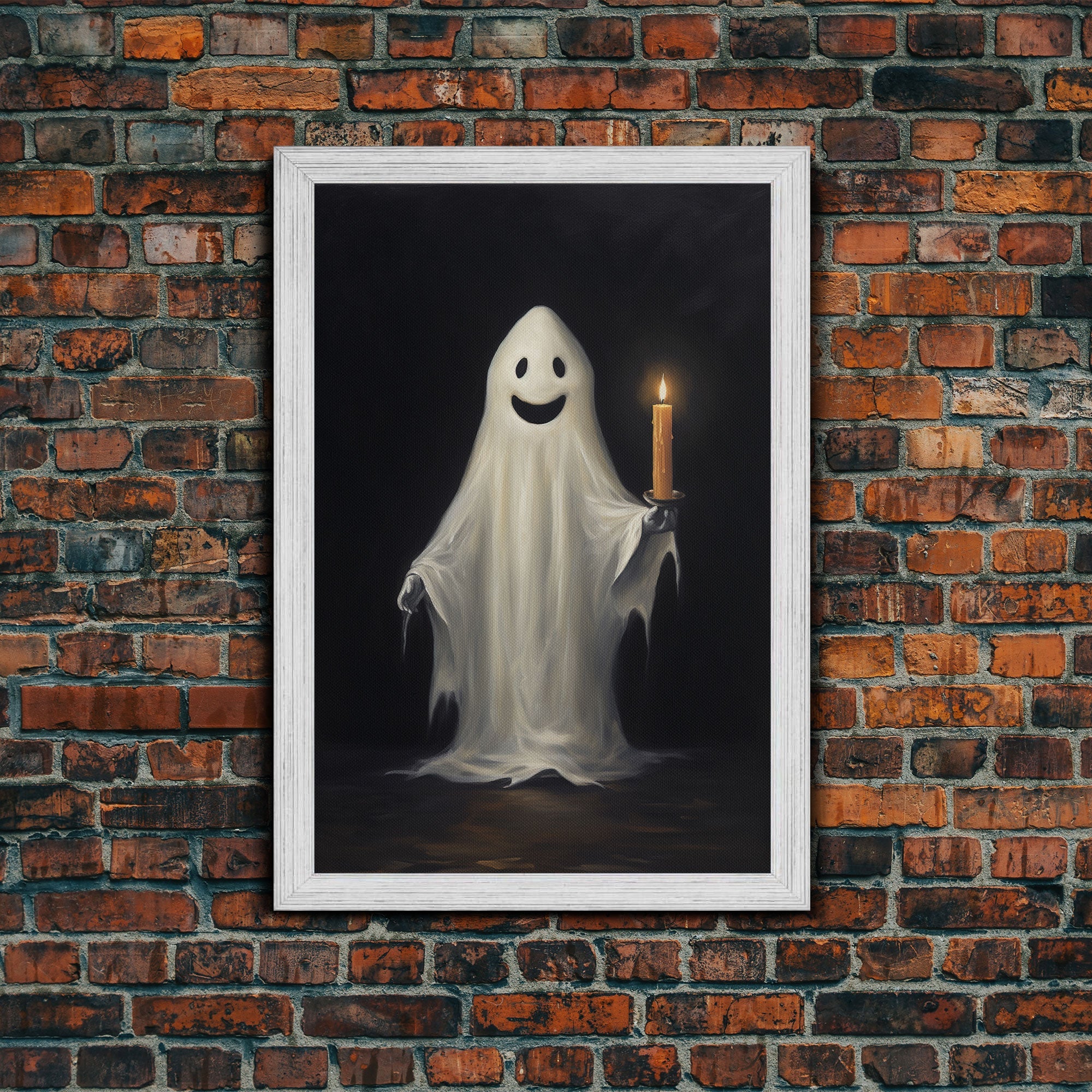 Silly Halloween Ghost Holding a Candle, Vintage Canvas Print, Canvas Art, Dark Academia, Haunting Ghost, Halloween Decor, Halloween Art