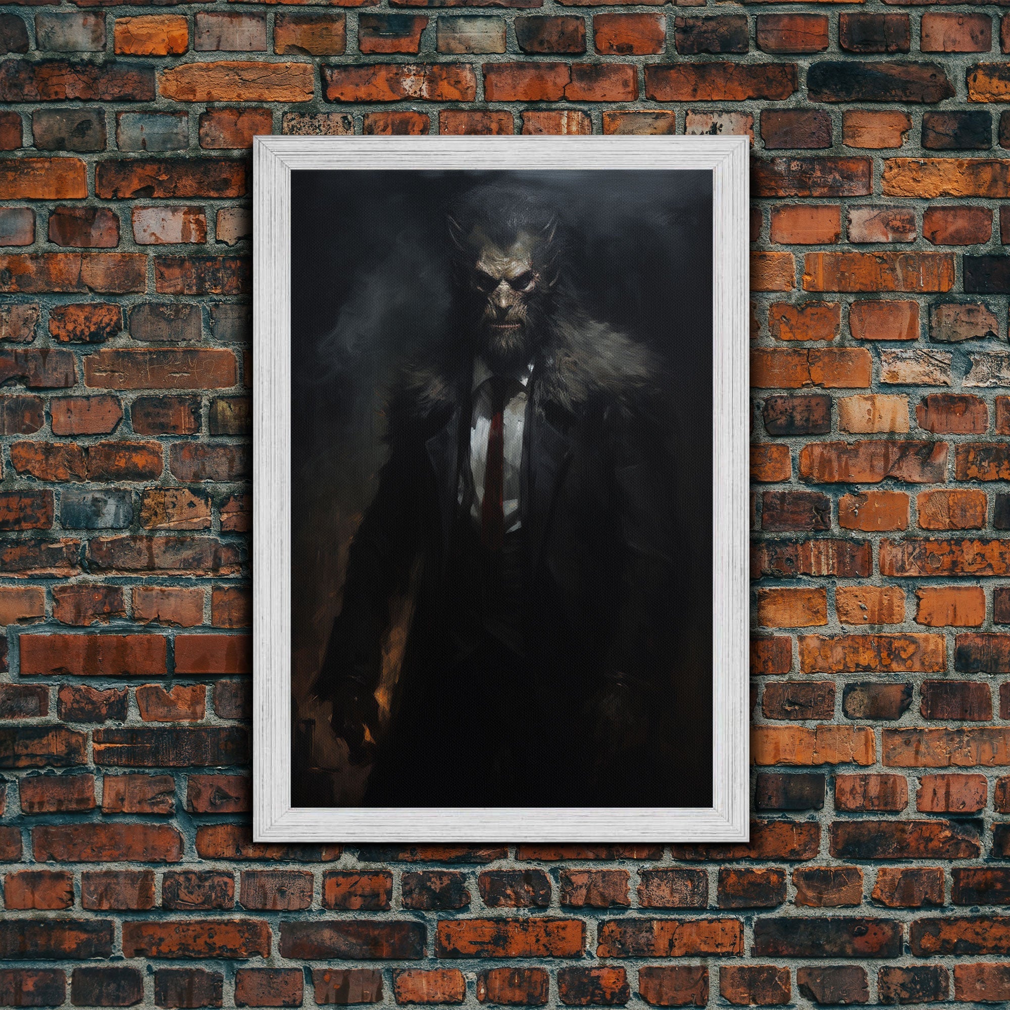 Victorian Business Werewolf Workin' 9 to 5, Framed Canvas, Halloween Canvas Print, Vintage Halloween Funny Gothic Decor