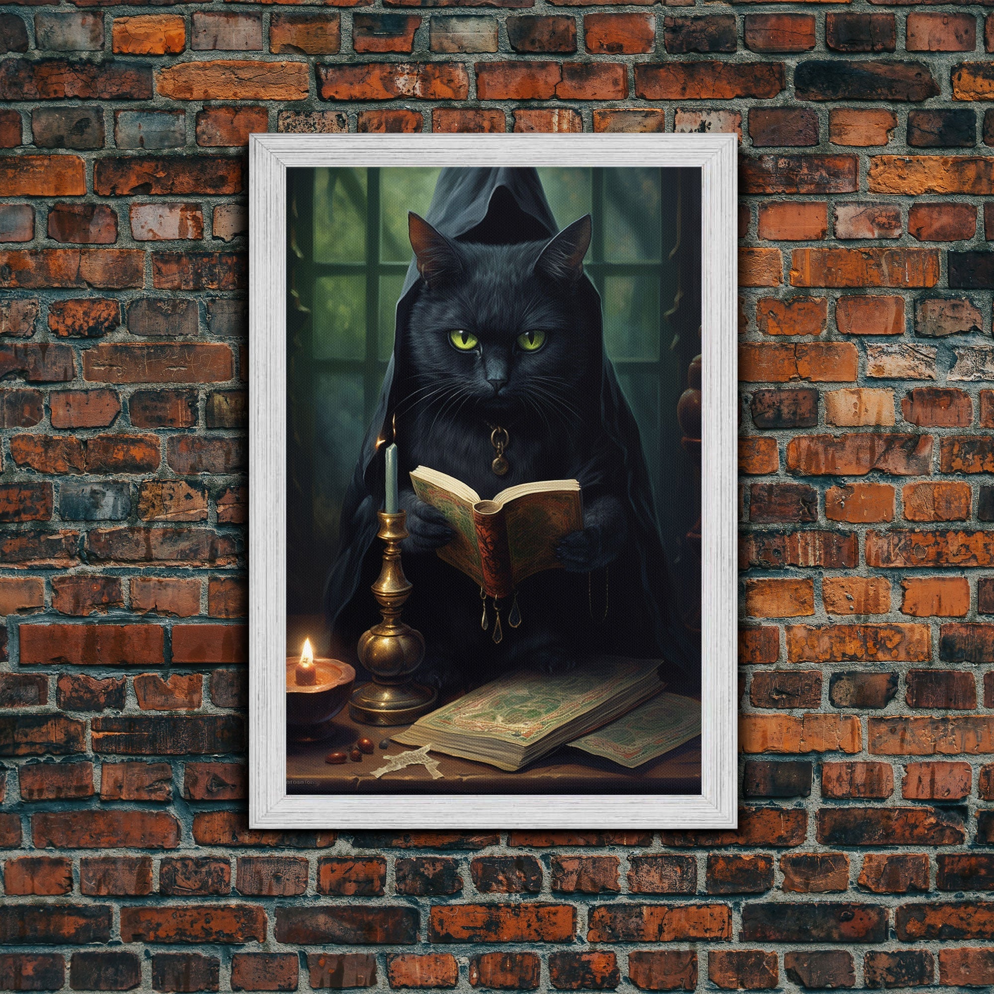 Black Cat Witch's Familiar Casting Spells, Spellbook, Framed Canvas Print, Vintage Halloween Decor, Halloween Wall Art, Witch Wall Art