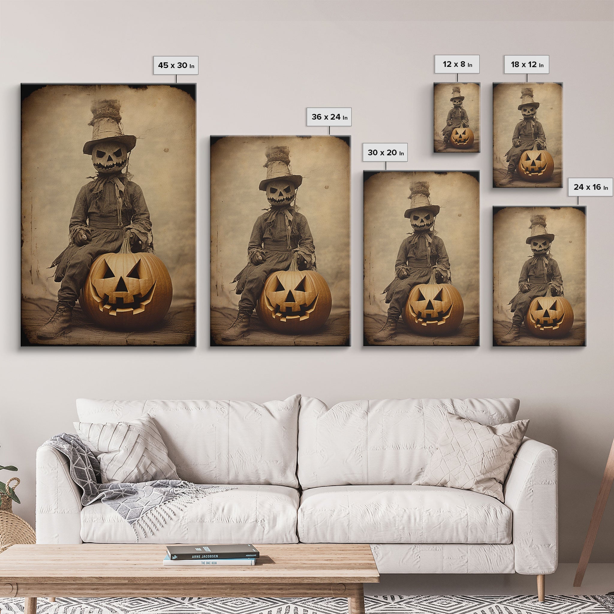 Spooky Halloween Art, The Scarecrow and the Jack O' Lantern, Framed Canvas Print, Halloween Canvas, Spooky Decor, Cottagecore Spooky Art
