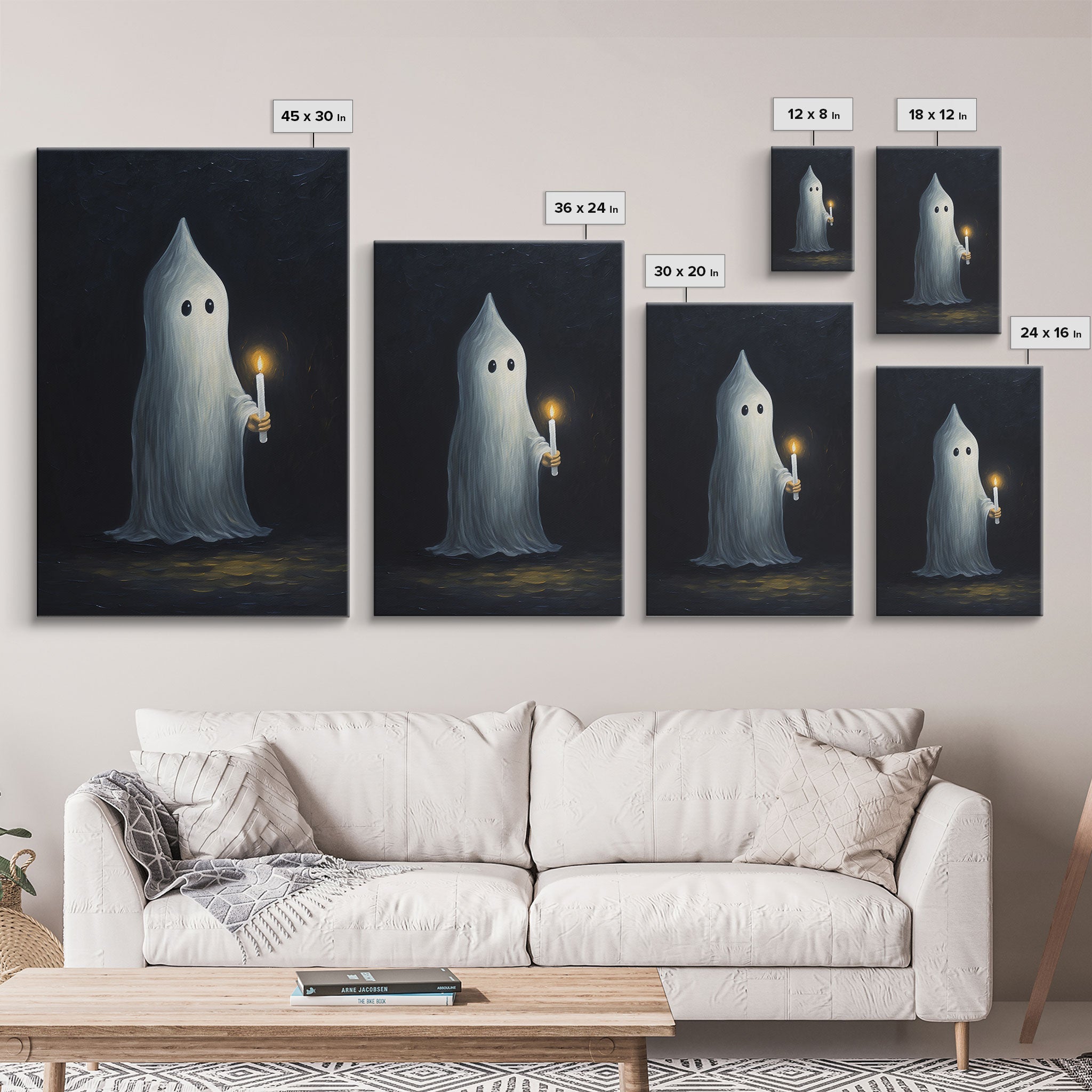 Halloween Art, Silly Ghost Holding a Candle, Vintage Canvas Print, Canvas Art, Dark Academia, Haunting Ghost, Halloween Decor