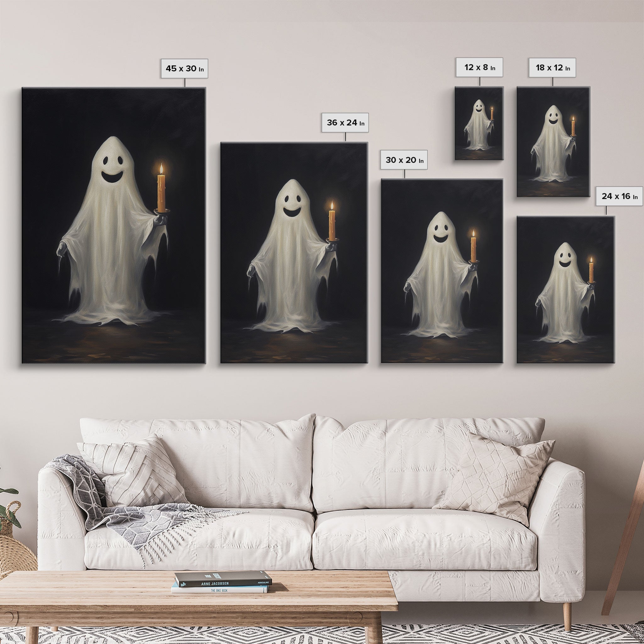Silly Halloween Ghost Holding a Candle, Vintage Canvas Print, Canvas Art, Dark Academia, Haunting Ghost, Halloween Decor, Halloween Art