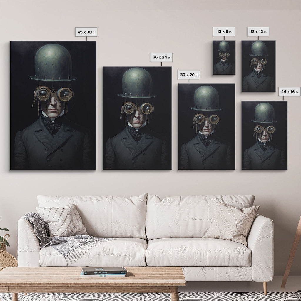 Portrait of a Victorian Steampunk Cyborg, Framed Canvas Print or Canvas, Cool Halloween Decor, Gothic Art