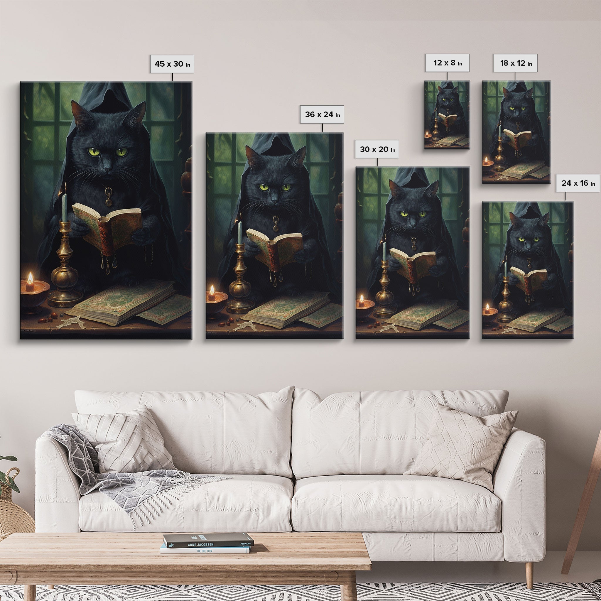 Black Cat Witch's Familiar Casting Spells, Spellbook, Framed Canvas Print, Vintage Halloween Decor, Halloween Wall Art, Witch Wall Art