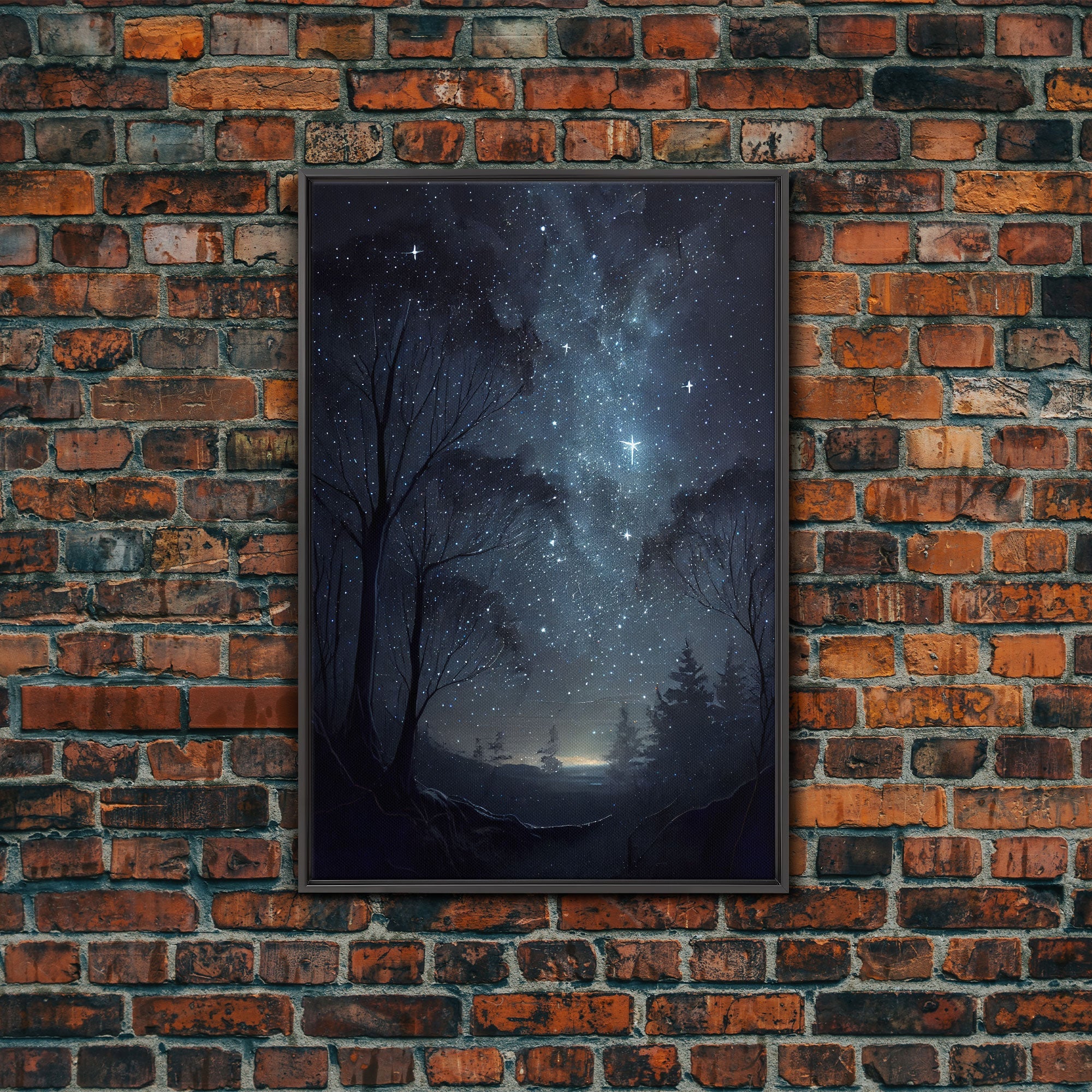 Starry niight sky oil painting print, framed canvas print, unique subdued wall art
