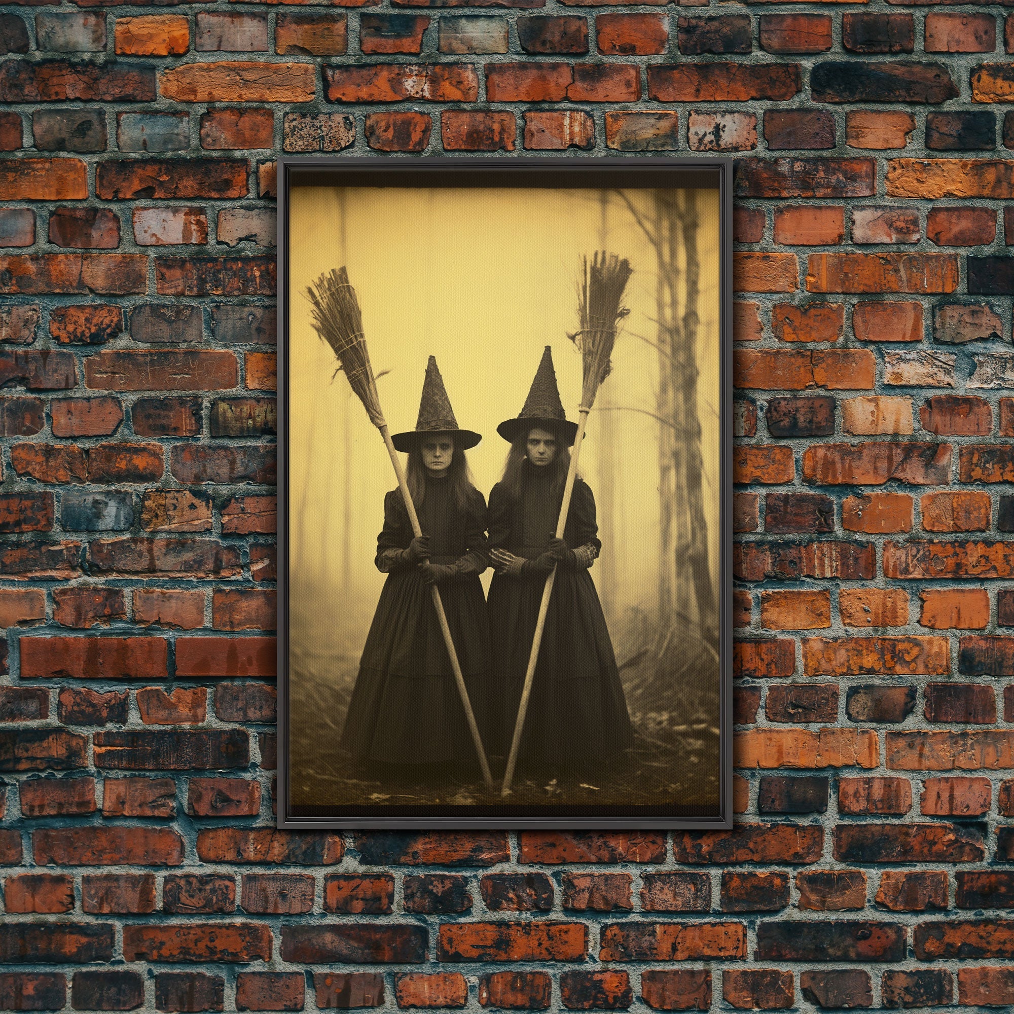 Cursed Art, Victorian Witches Daguerreotype, Framed Canvas Print, Vintage Tin Type Photography Style Wall Art, Cool Halloween Decor