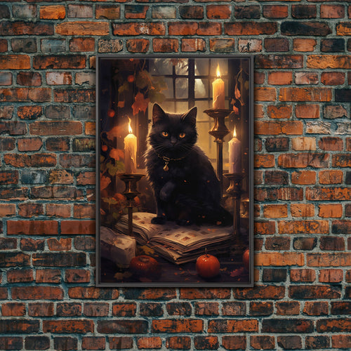 Black Cat Art, Framed  Canvas Print, Halloween Canvas Print, Goth Art, Dark Academia, Fall Decor, Witchy Vibes