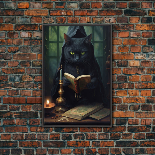 Black Cat Witch's Familiar Casting Spells, Spellbook, Framed Canvas Print, Vintage Halloween Decor, Halloween Wall Art, Witch Wall Art