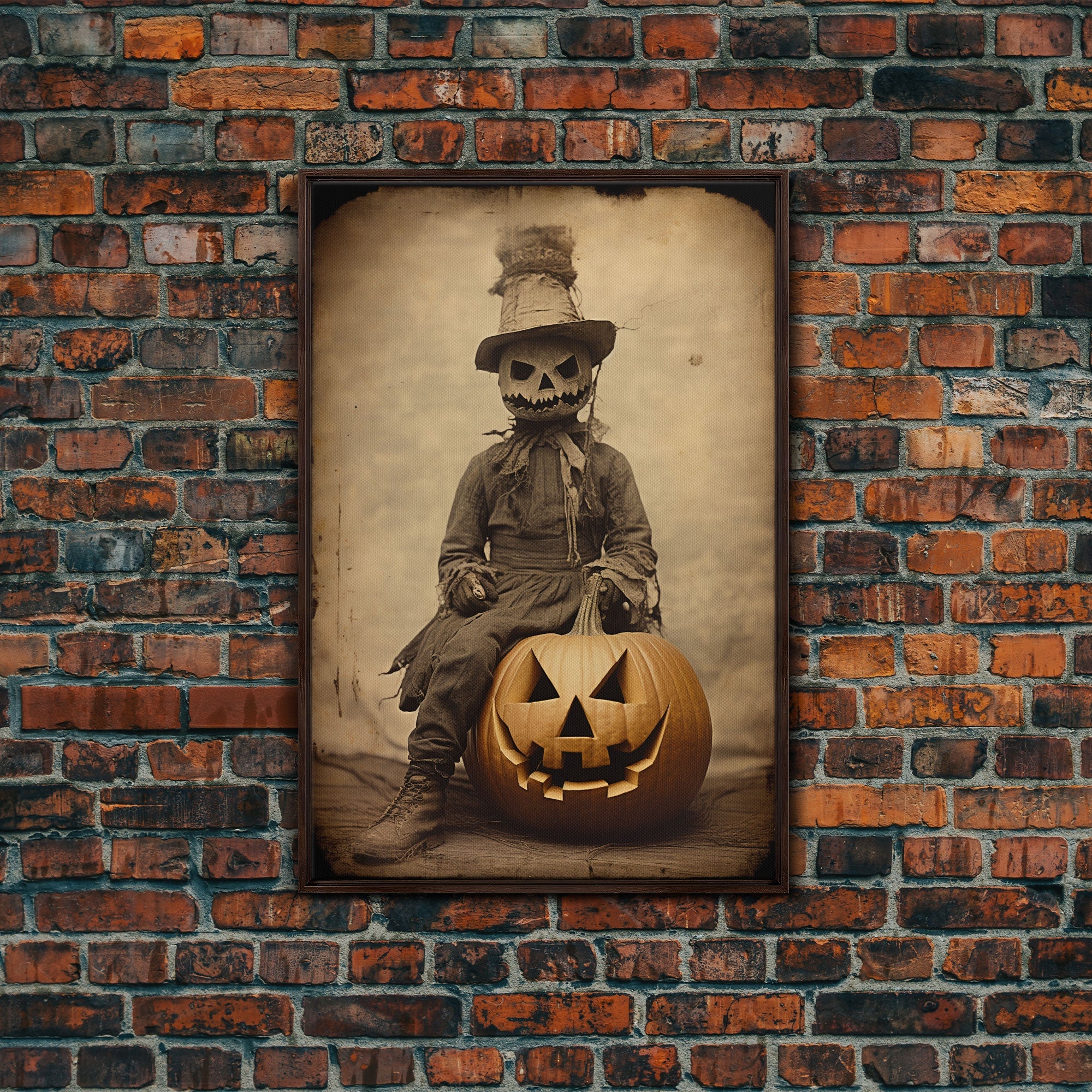 Spooky Halloween Art, The Scarecrow and the Jack O' Lantern, Framed Canvas Print, Halloween Canvas, Spooky Decor, Cottagecore Spooky Art