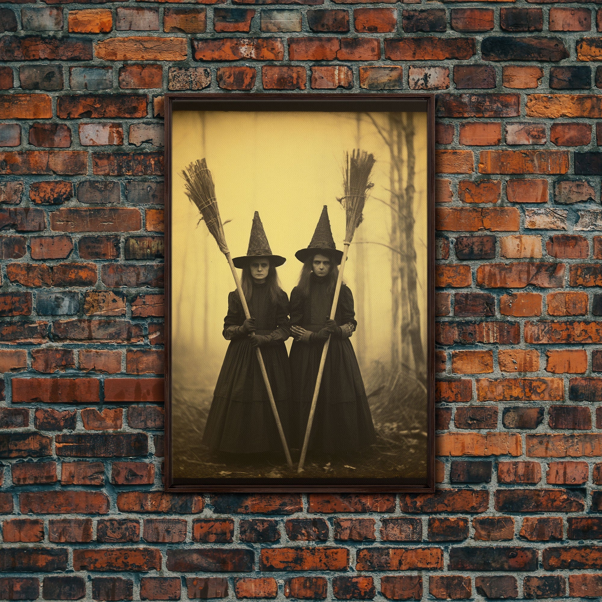 Cursed Art, Victorian Witches Daguerreotype, Framed Canvas Print, Vintage Tin Type Photography Style Wall Art, Cool Halloween Decor