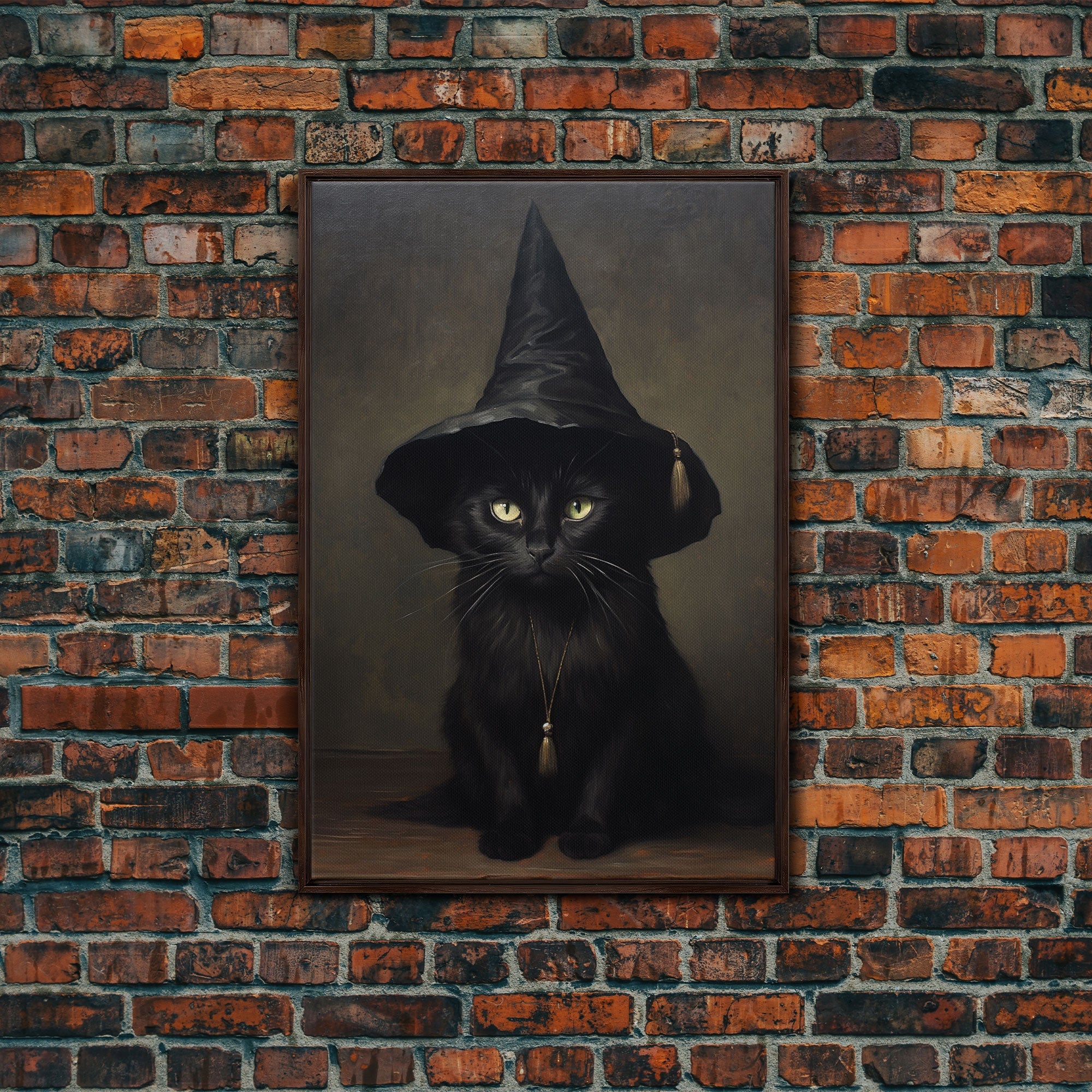 Cute Witch's Familiar Cat Halloween Art, Cat Witch, Cat Painting, Cute Cat Print, Halloween Decor, Black Cat Print, Framed Canvas / Canvas