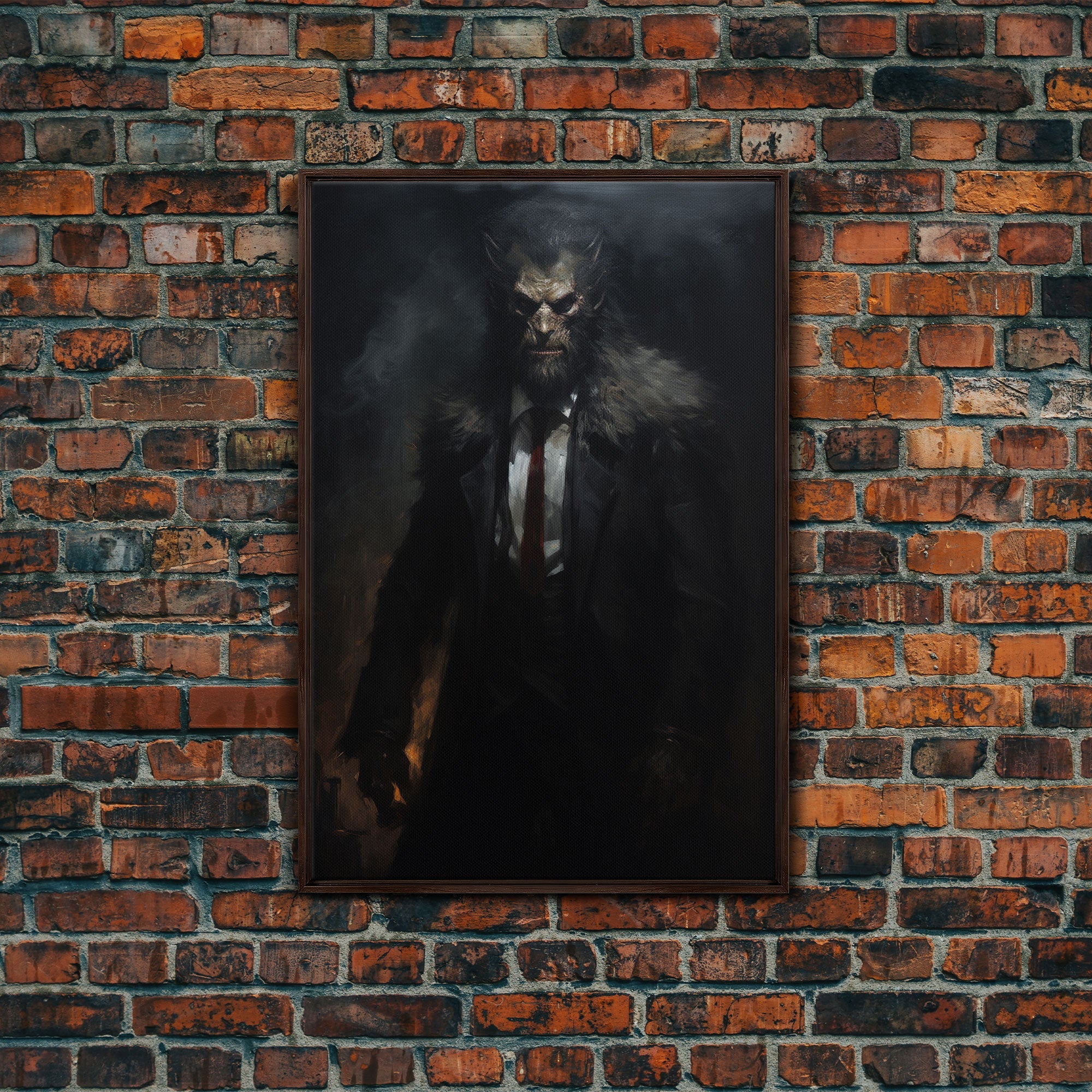 Victorian Business Werewolf Workin' 9 to 5, Framed Canvas, Halloween Canvas Print, Vintage Halloween Funny Gothic Decor