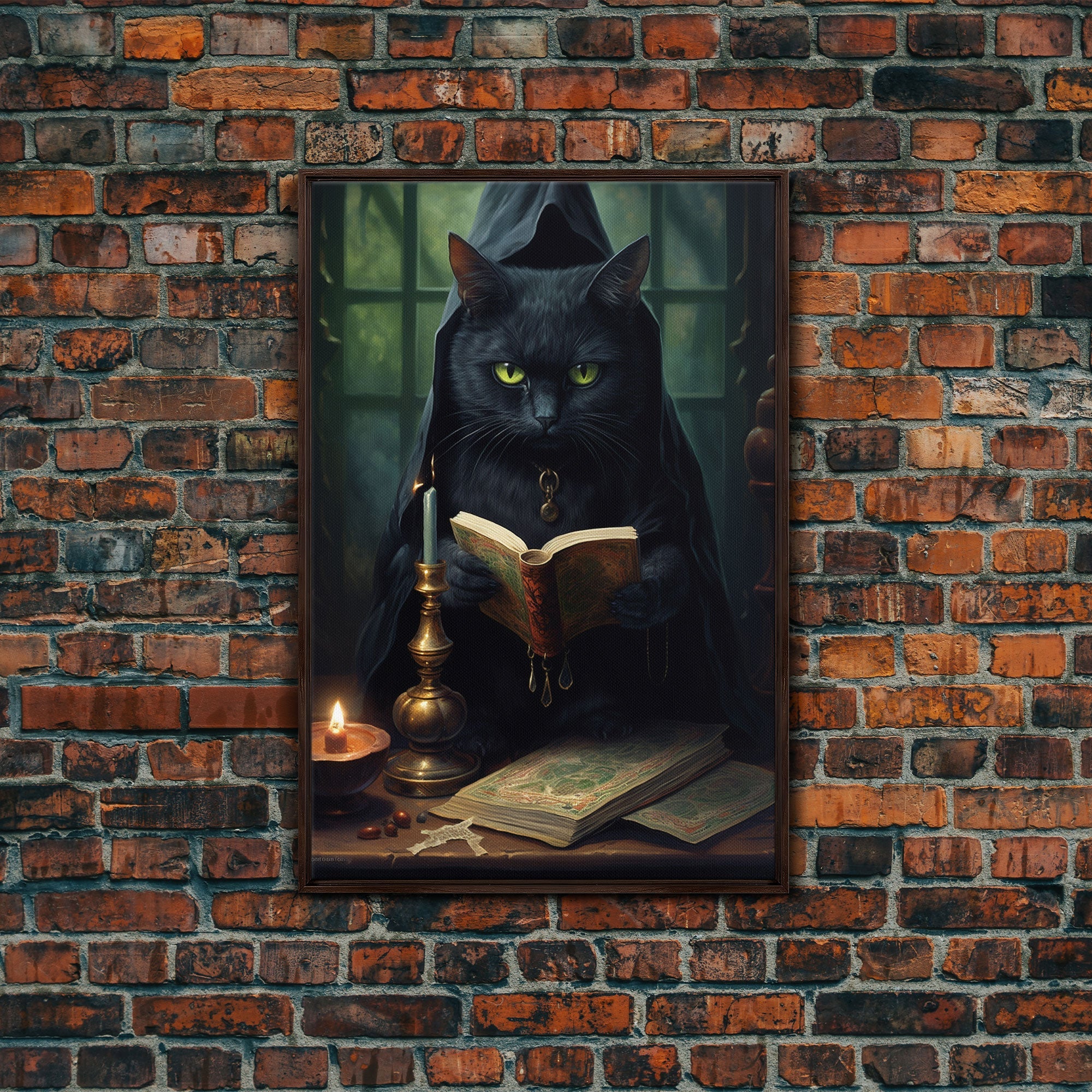 Black Cat Witch's Familiar Casting Spells, Spellbook, Framed Canvas Print, Vintage Halloween Decor, Halloween Wall Art, Witch Wall Art