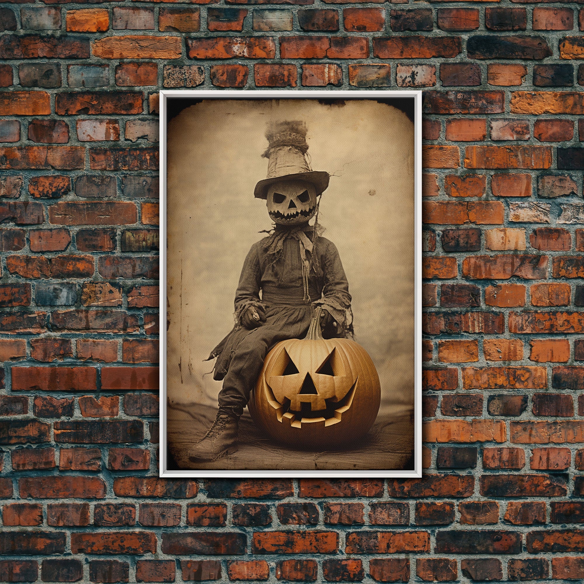 Spooky Halloween Art, The Scarecrow and the Jack O' Lantern, Framed Canvas Print, Halloween Canvas, Spooky Decor, Cottagecore Spooky Art
