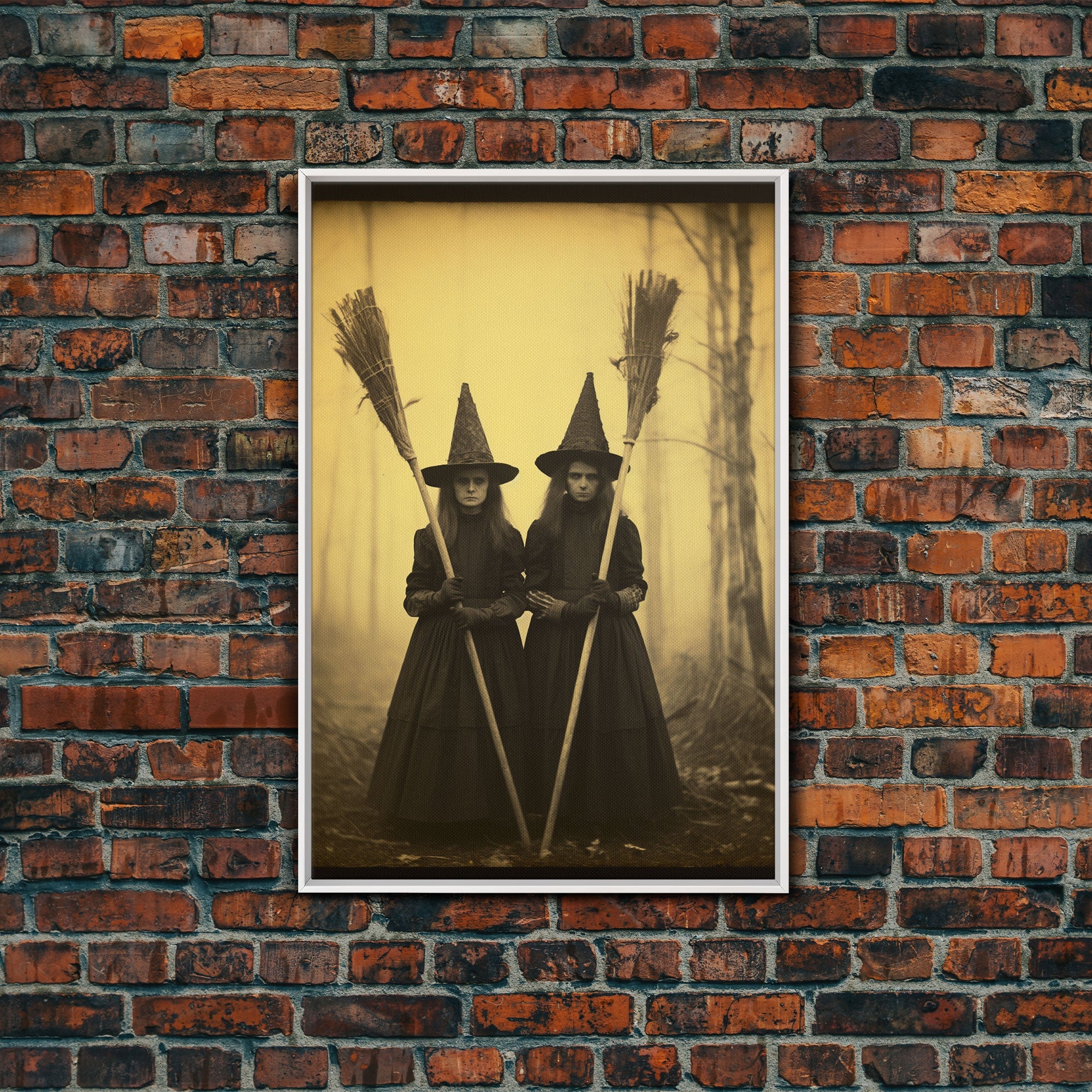 Cursed Art, Victorian Witches Daguerreotype, Framed Canvas Print, Vintage Tin Type Photography Style Wall Art, Cool Halloween Decor