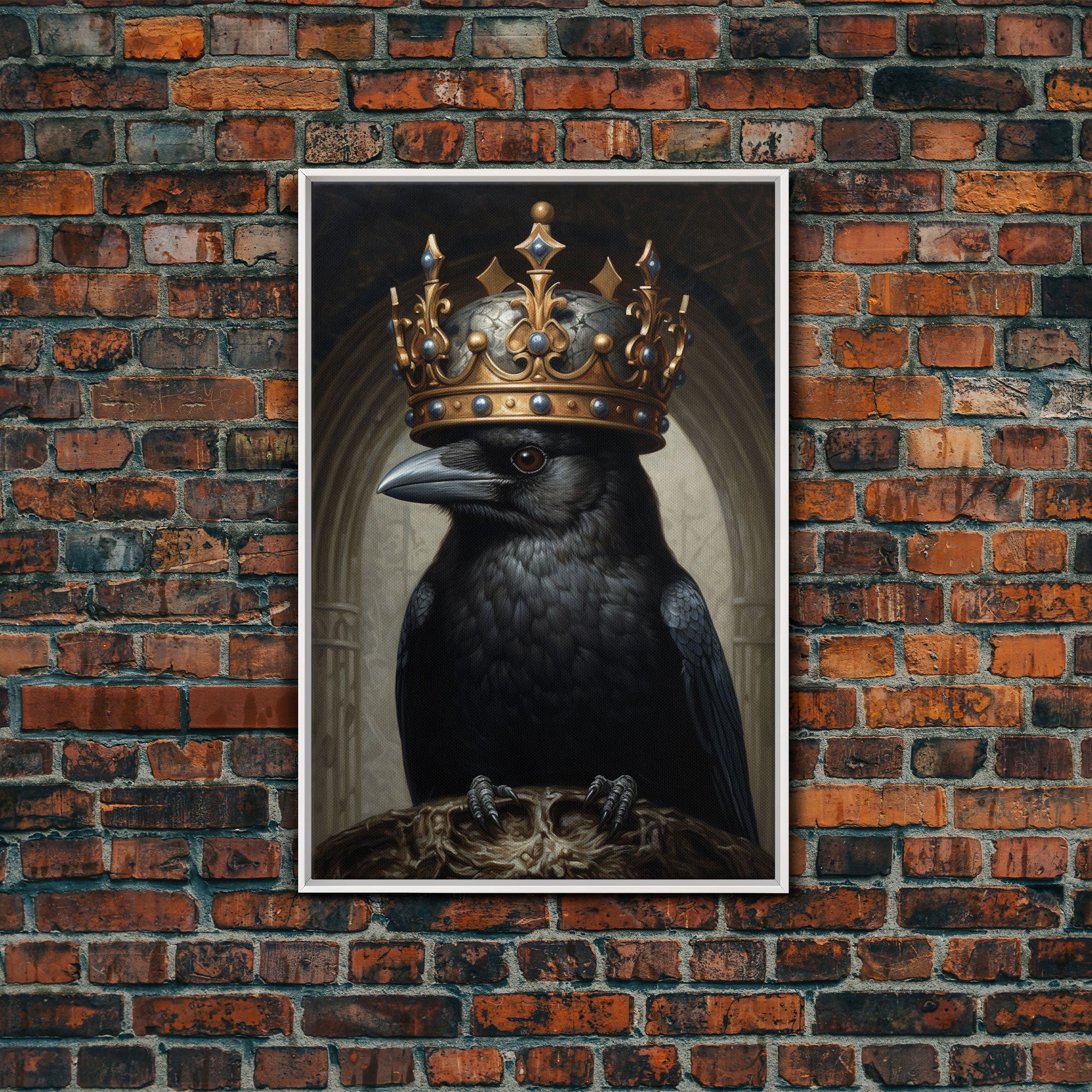 King Of The Ravens, Dark Academia, Gothic Decor, Witch's Familiar, Framed Canvas Print or Canvas, Crow Portrait, Halloween Decor Art