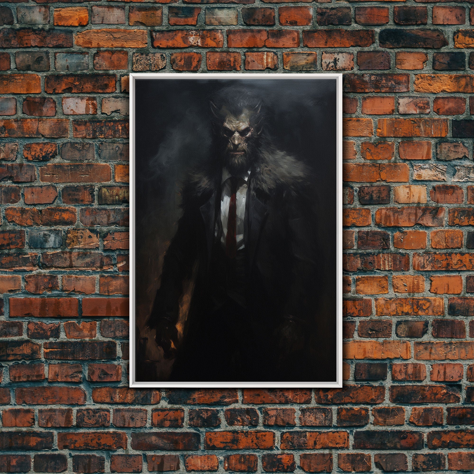 Victorian Business Werewolf Workin' 9 to 5, Framed Canvas, Halloween Canvas Print, Vintage Halloween Funny Gothic Decor