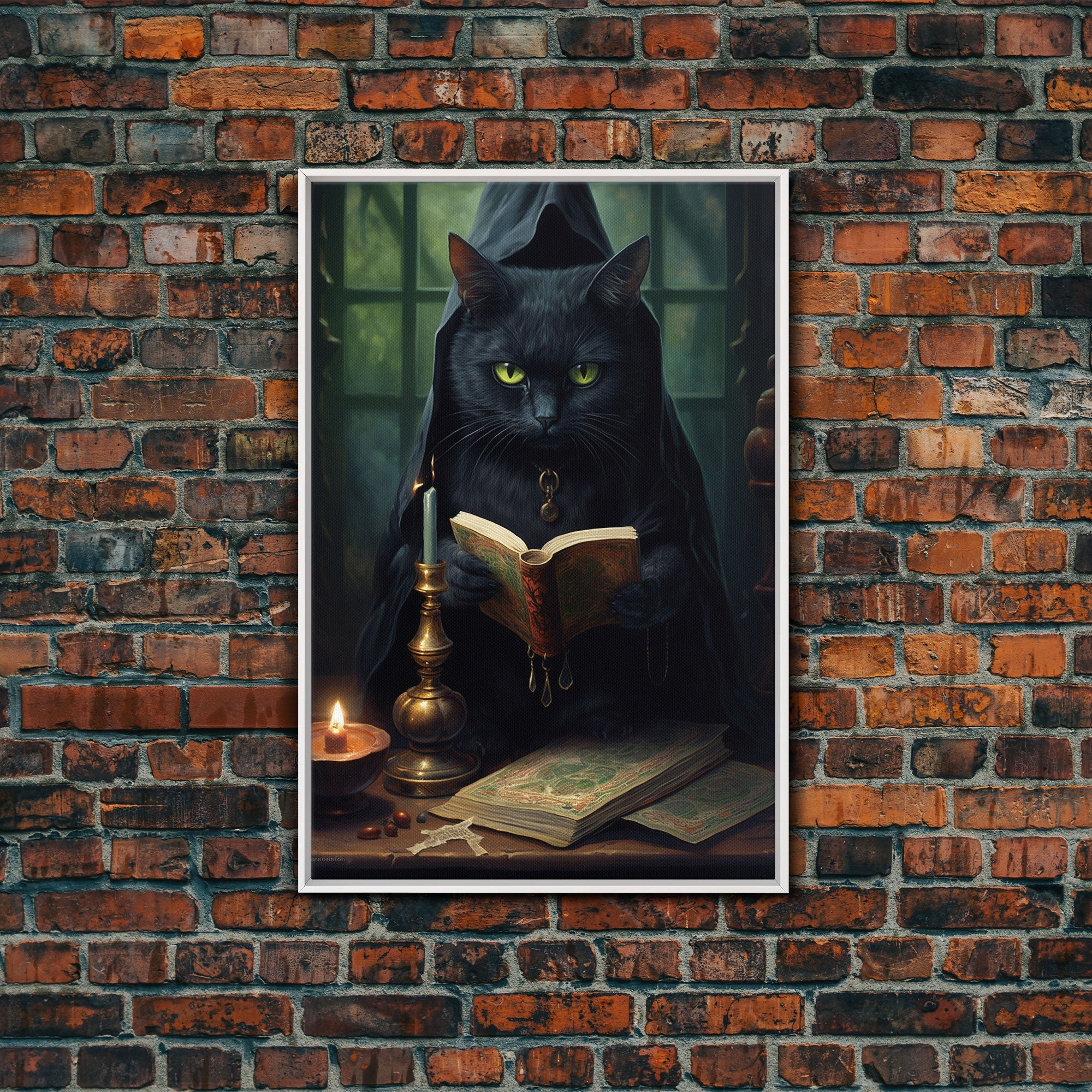Black Cat Witch's Familiar Casting Spells, Spellbook, Framed Canvas Print, Vintage Halloween Decor, Halloween Wall Art, Witch Wall Art