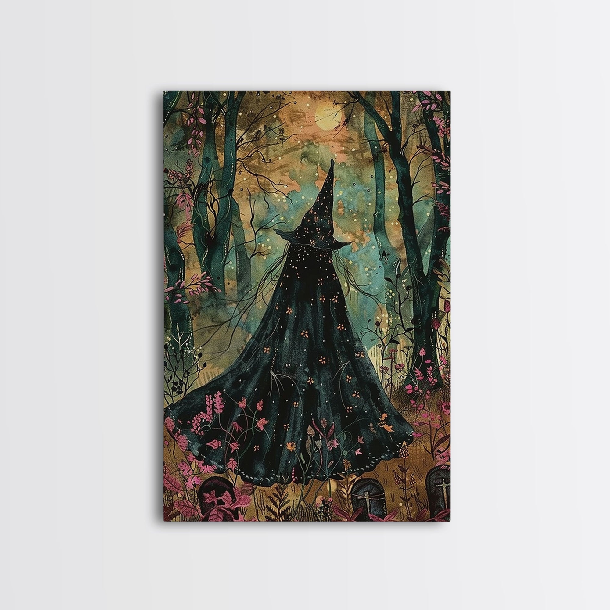 Halloween Witch in Dark Forest, Framed Canvas Print, Wall Art, Living Room Decor, Spooky, Witch Art, Original Painting, Home Decor