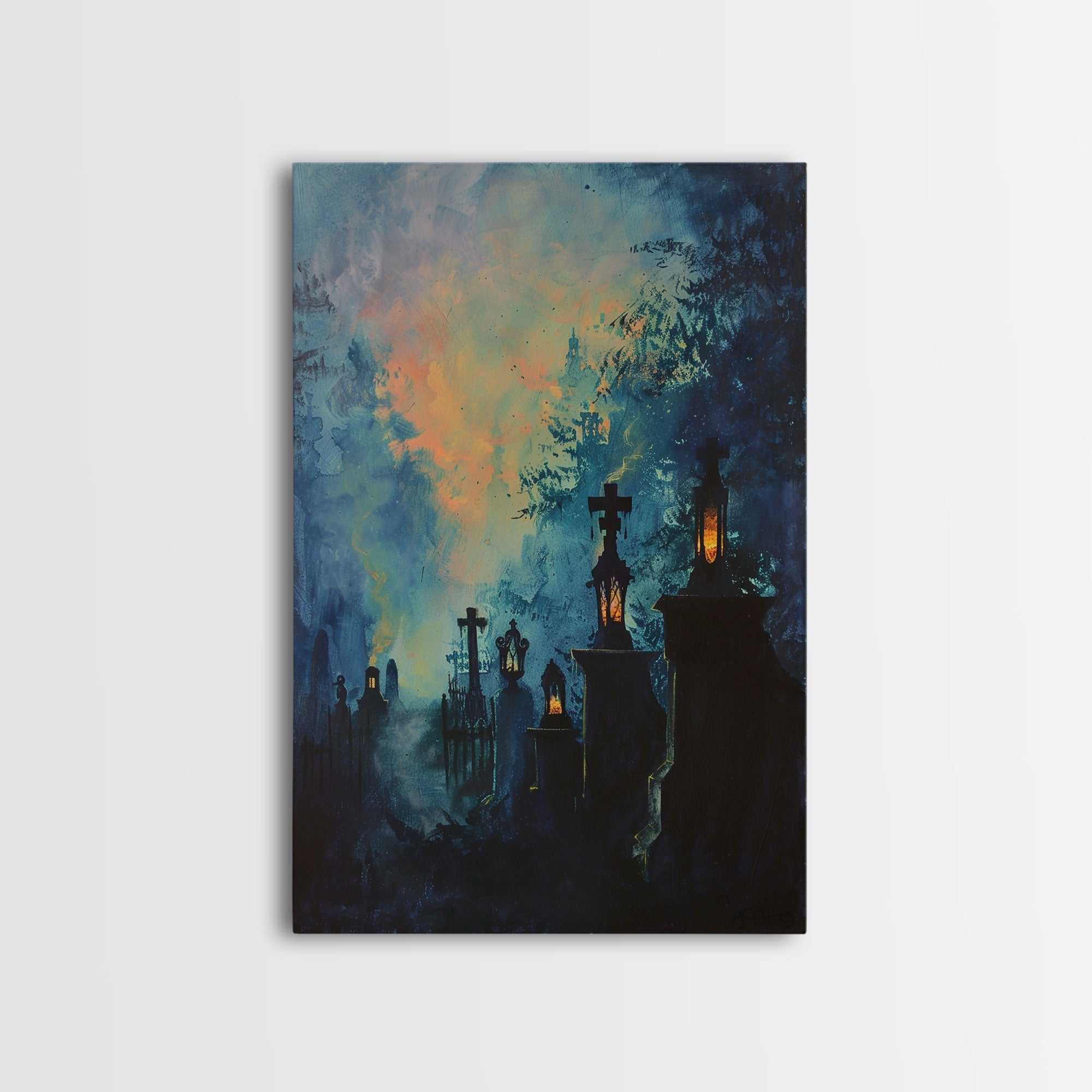 Haunted Cemetery Framed Canvas Print, Halloween Wall Art, Gothic Graveyard Art, Spooky Lantern Decor, Cemetery Lights, Horror Home Decor