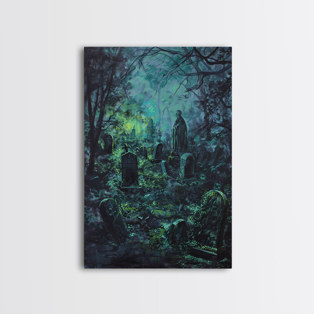 Spooky Cemetery with Glowing Lights Framed Canvas Print, Wall Art, Halloween Graveyard Art, Eerie Home Decor, Haunted Forest Painting