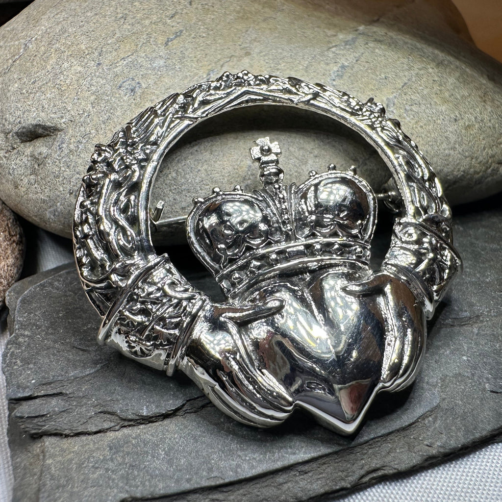 Victorian Irish Claddagh Brooch in Sterling Silver